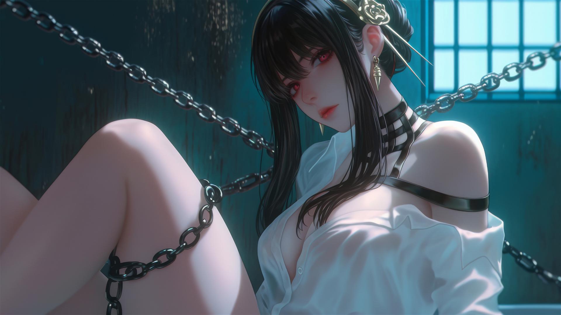 Yor Forger from Spy x Family chained in a tub with neon light