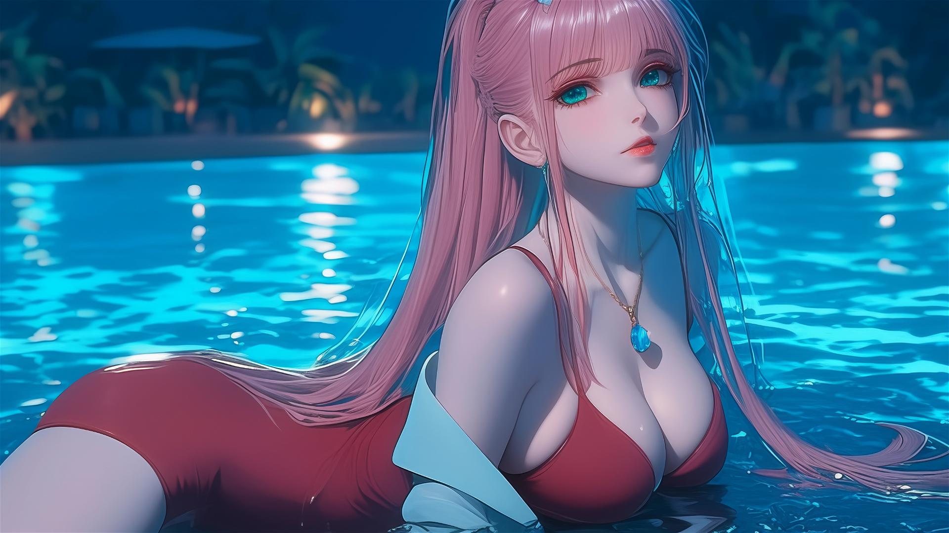 Zero Two from DARLING in the FRANXX resting by a rainy pool in moonlight