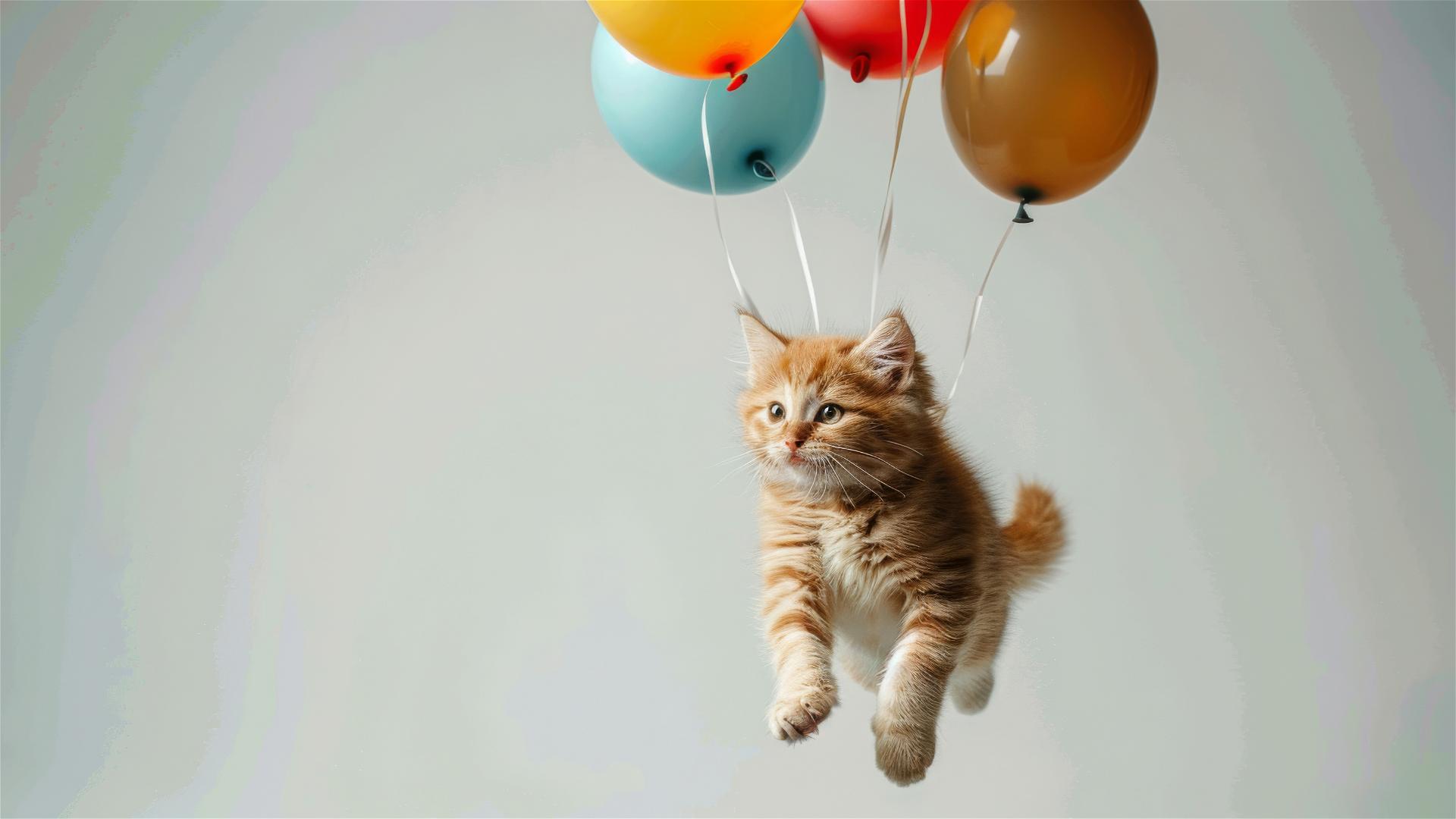 Minimalist cat flying with balloons against white background