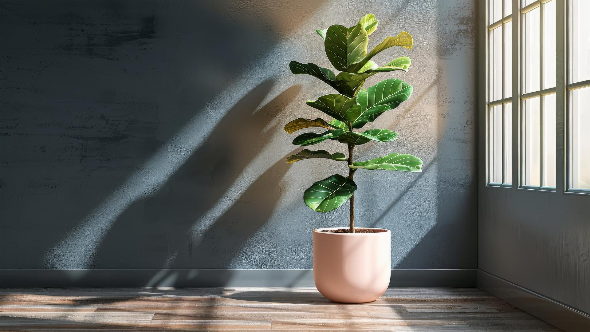 Boho-style Fiddle-leaf Fig plant graphic print in a light pink pot.