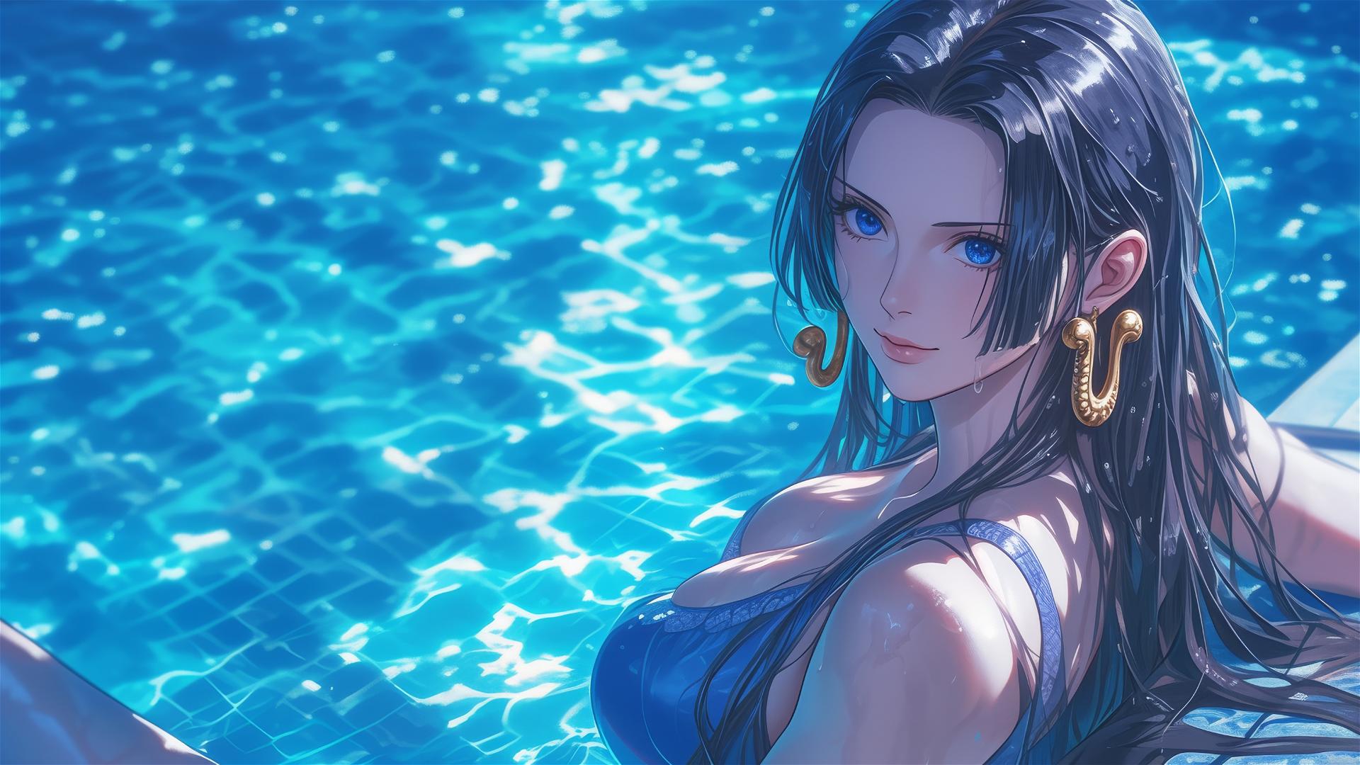 Boa Hancock from One Piece stands in a pool under moonlight