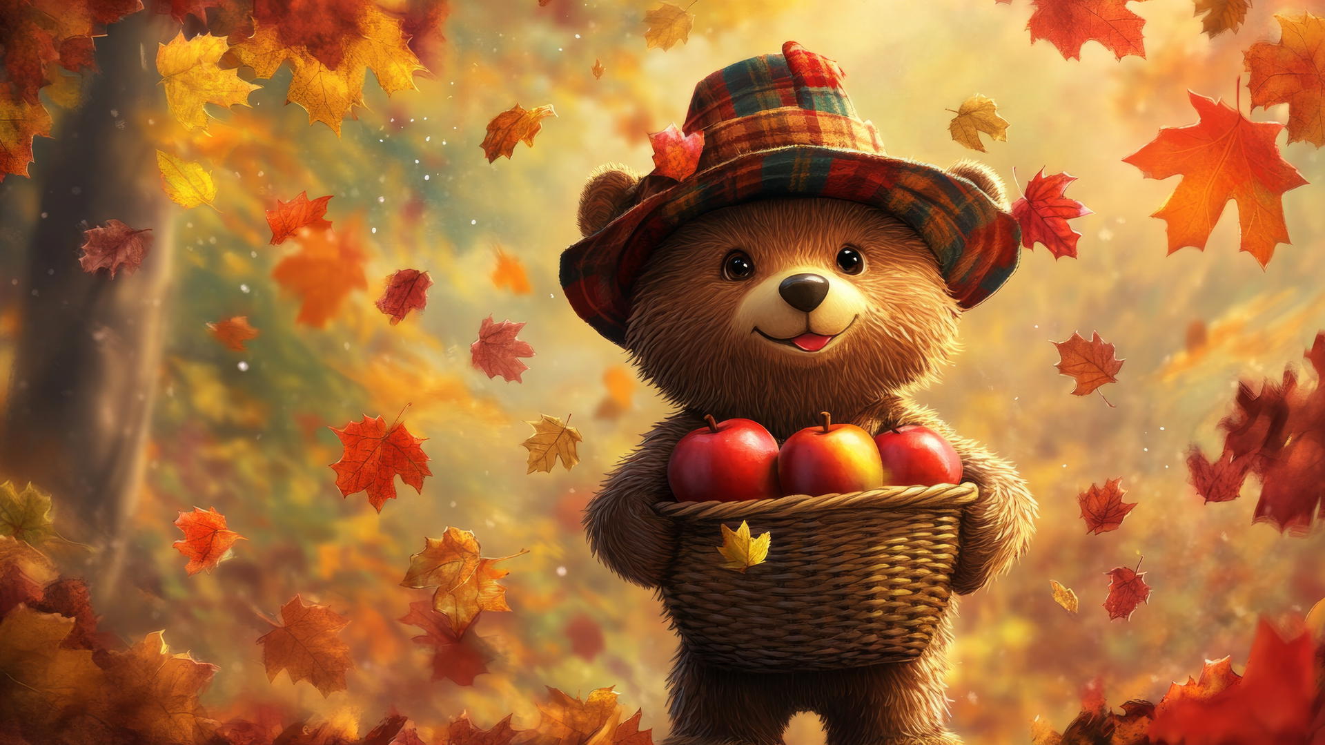 thanksgiving wallpaper cute with a cartoon bear in a pilgrim hat holding apples and surrounded by colorful leaves