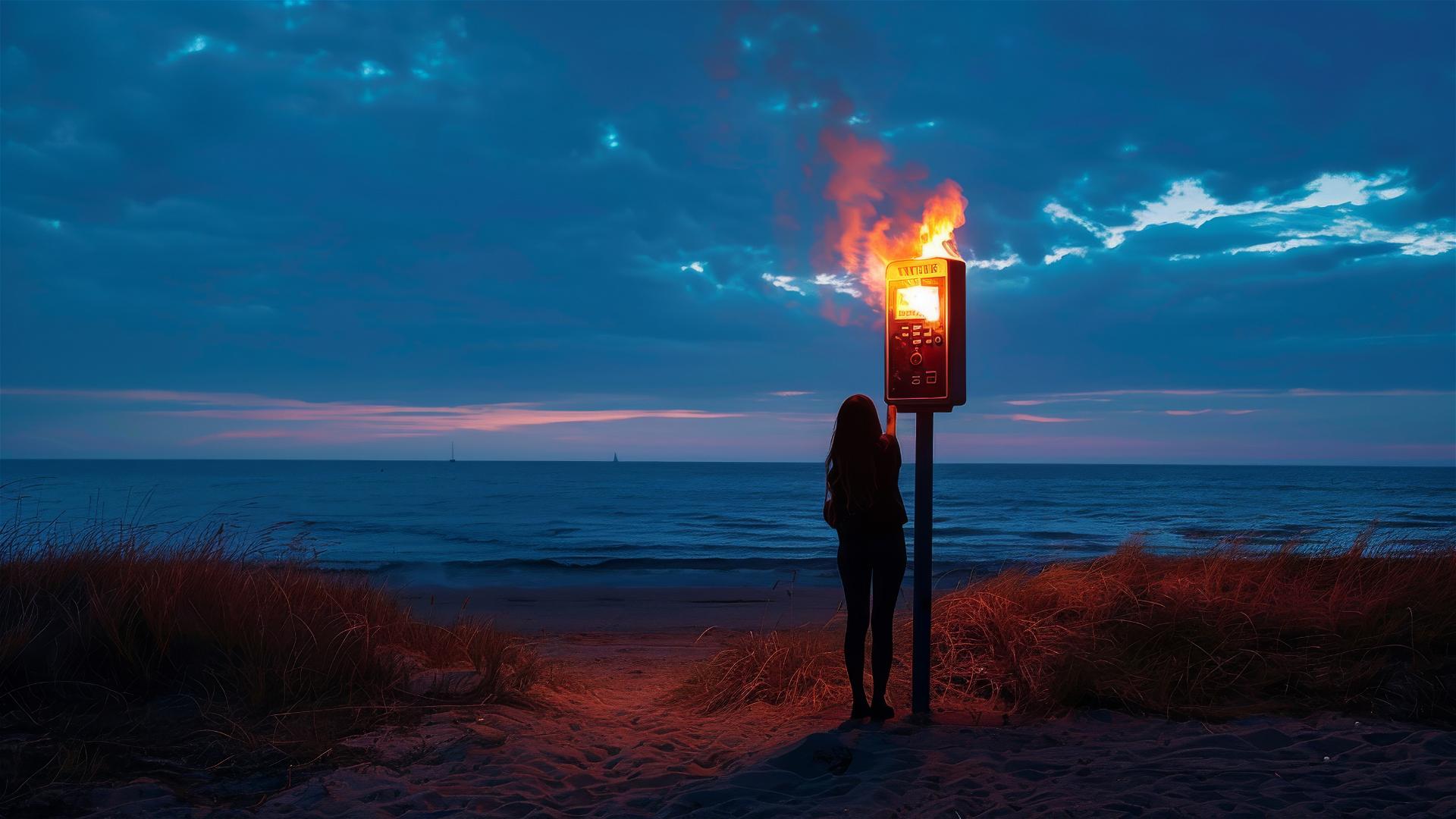 Silhouetted woman by burning payphone on beach at dusk
