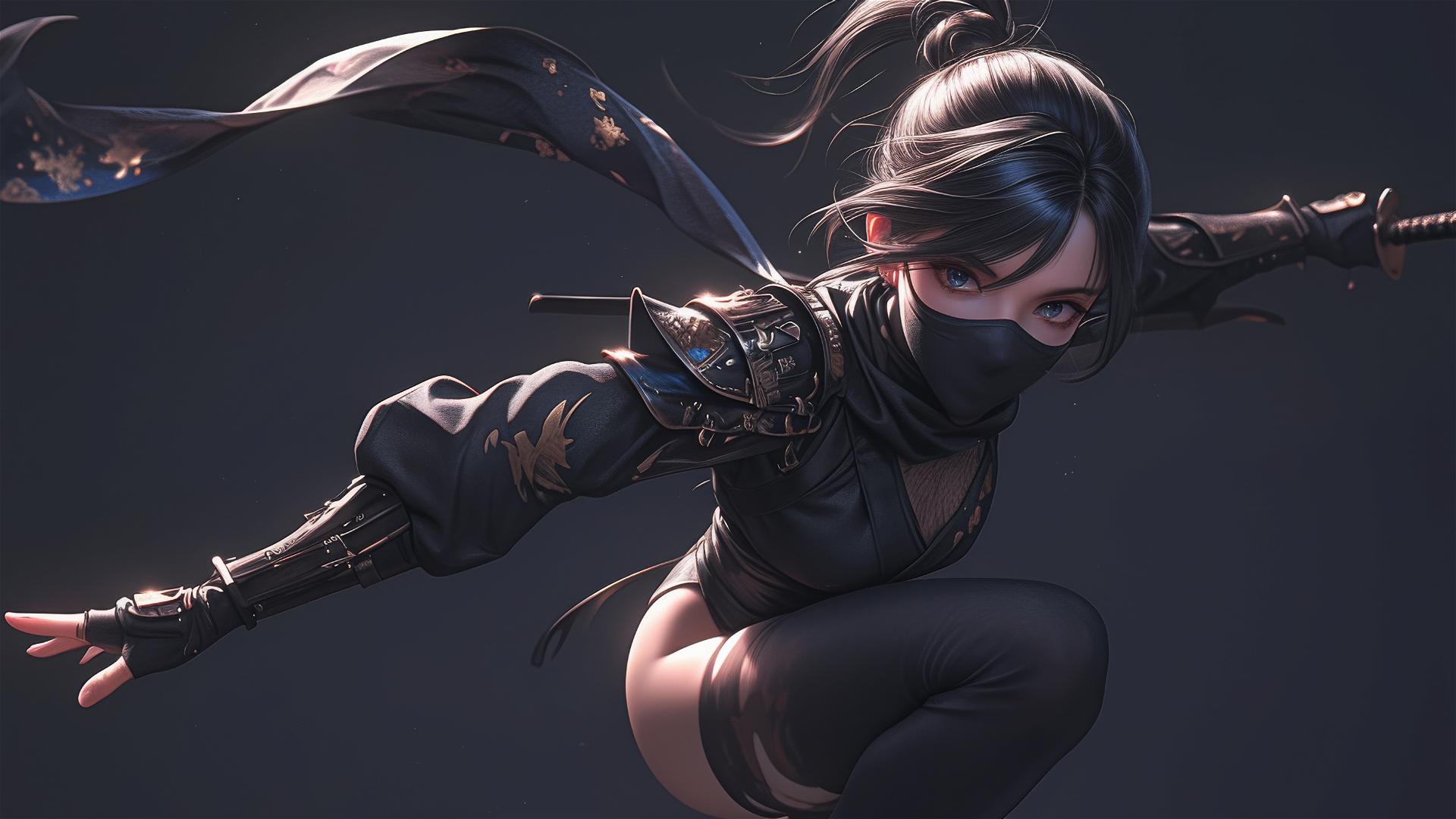 Ninja girl with short hair and masked face in dynamic pose