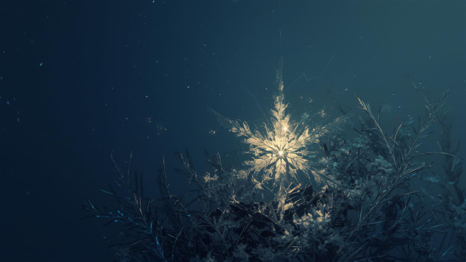 Aesthetic dark scene featuring a single lit, isolated snowflake on a black velvet backdrop