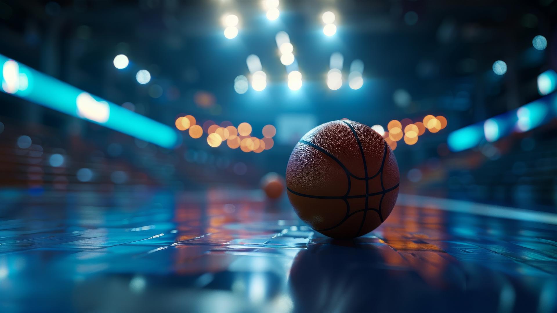 Low-angle view of a basketball ball on the arena floor under dim, dark blue lights