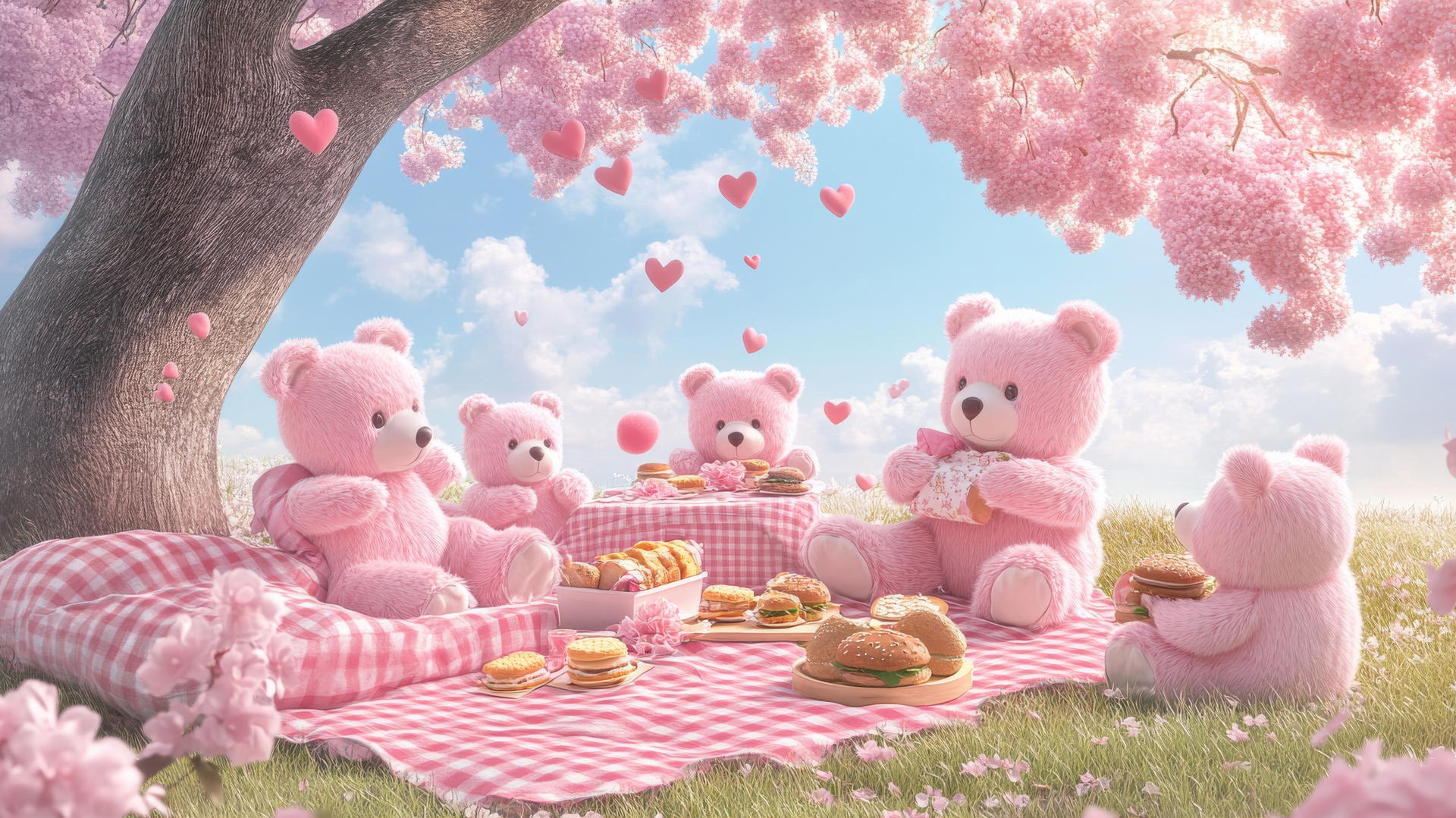 cute pink wallpaper of fluffy teddy bears picnicking under a big tree