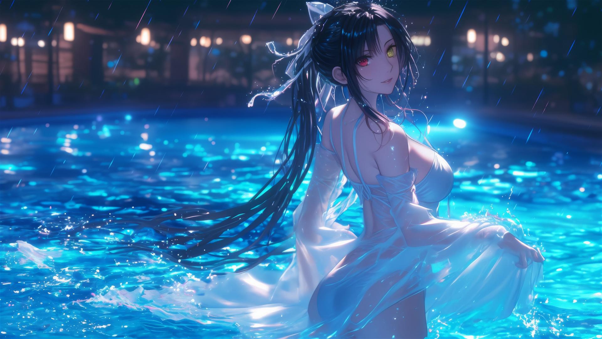 Kurumi Tokisaki in white dress under moonlight in rainy pool