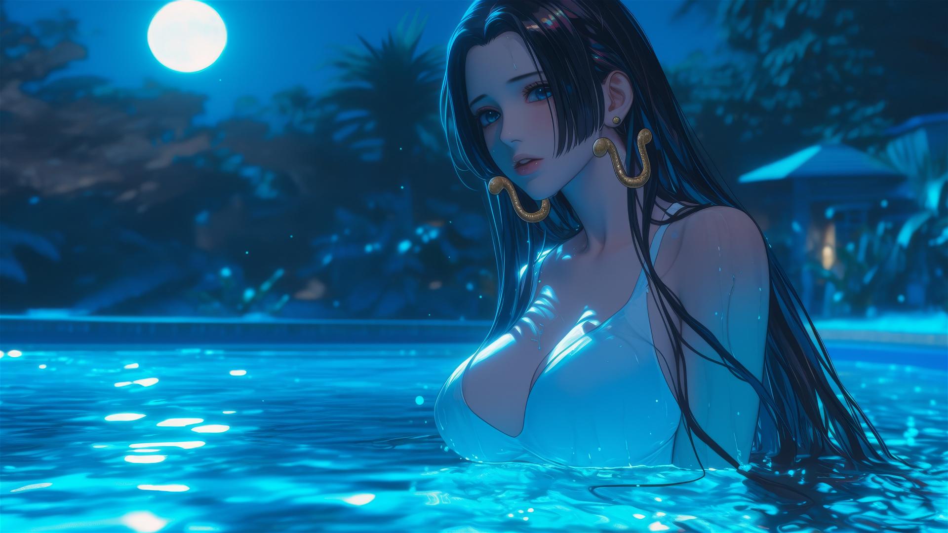 Boa Hancock jumping out of a pool under moonlight