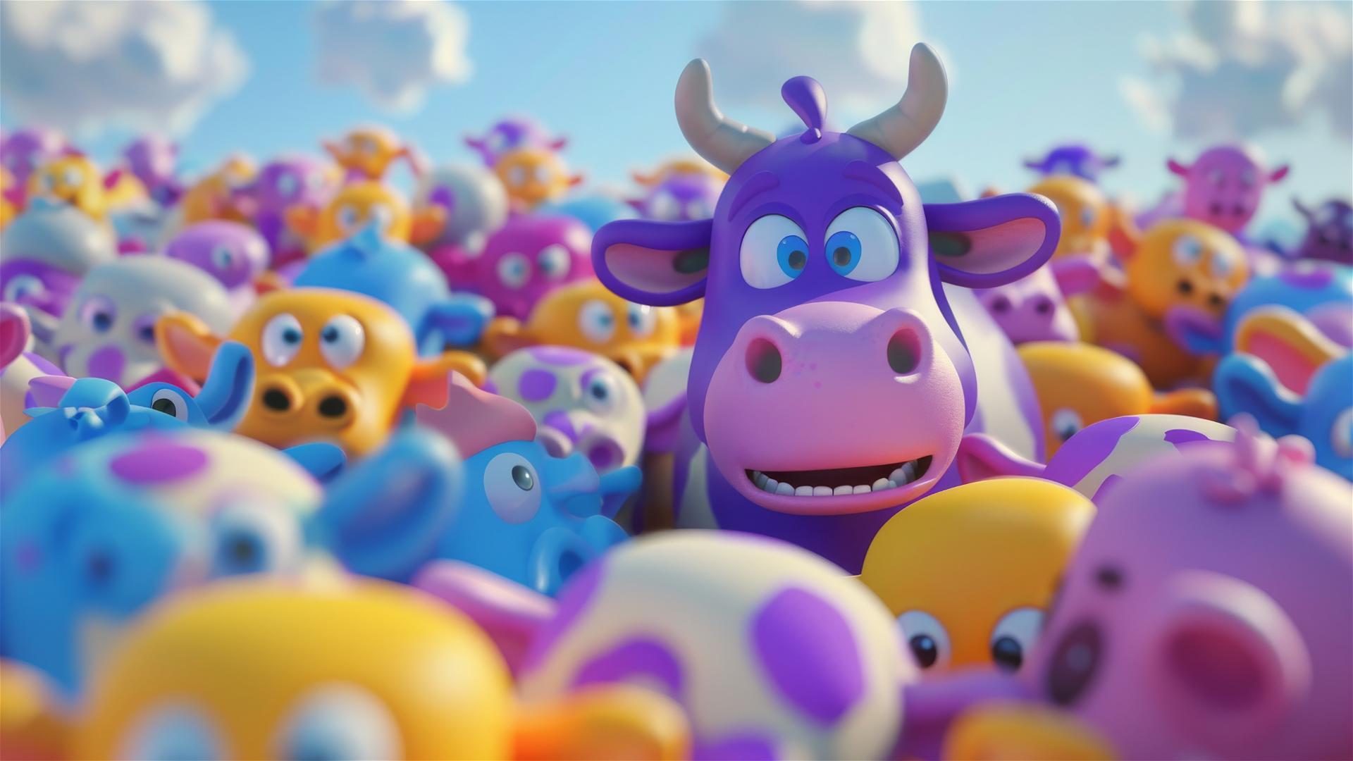 Purple cow among plain cows in Disney Pixar style, 3D rendered