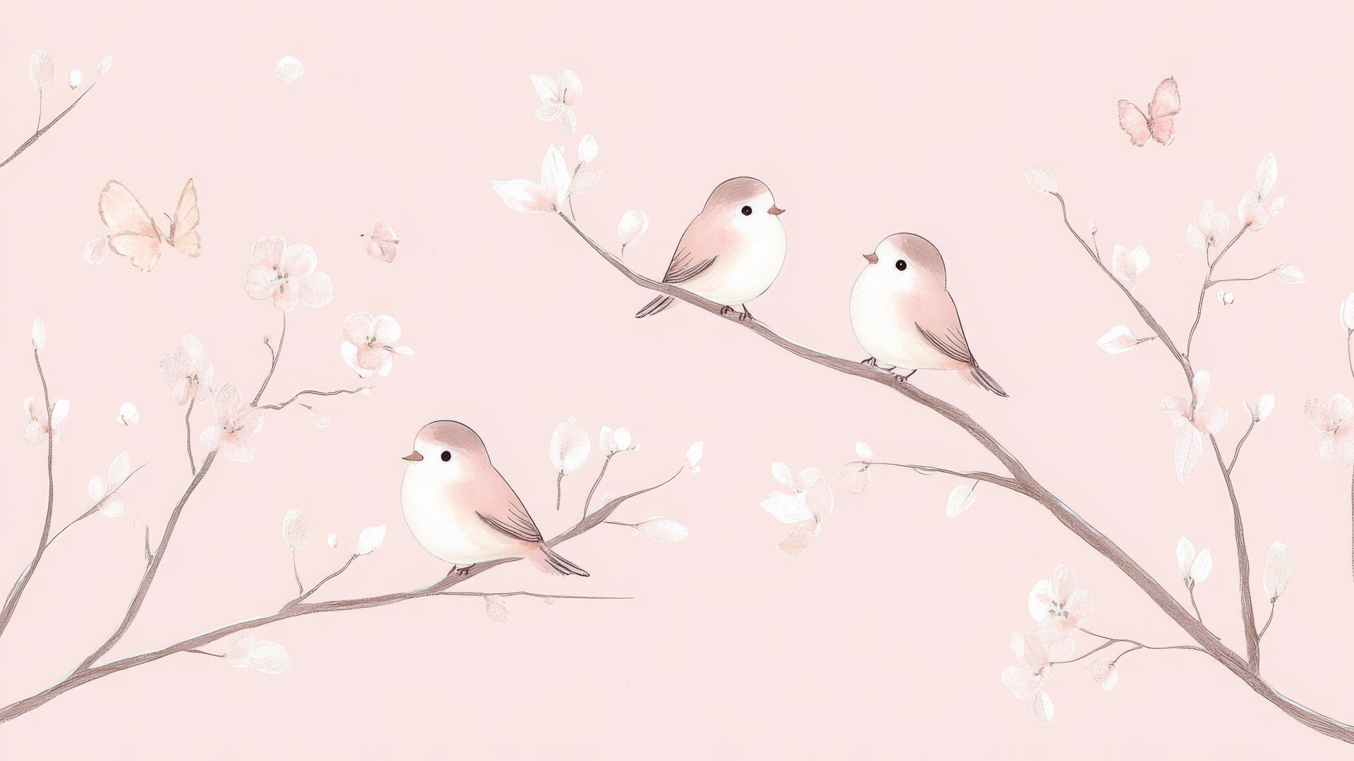 pink wallpaper cute with cartoon birds perched on branches