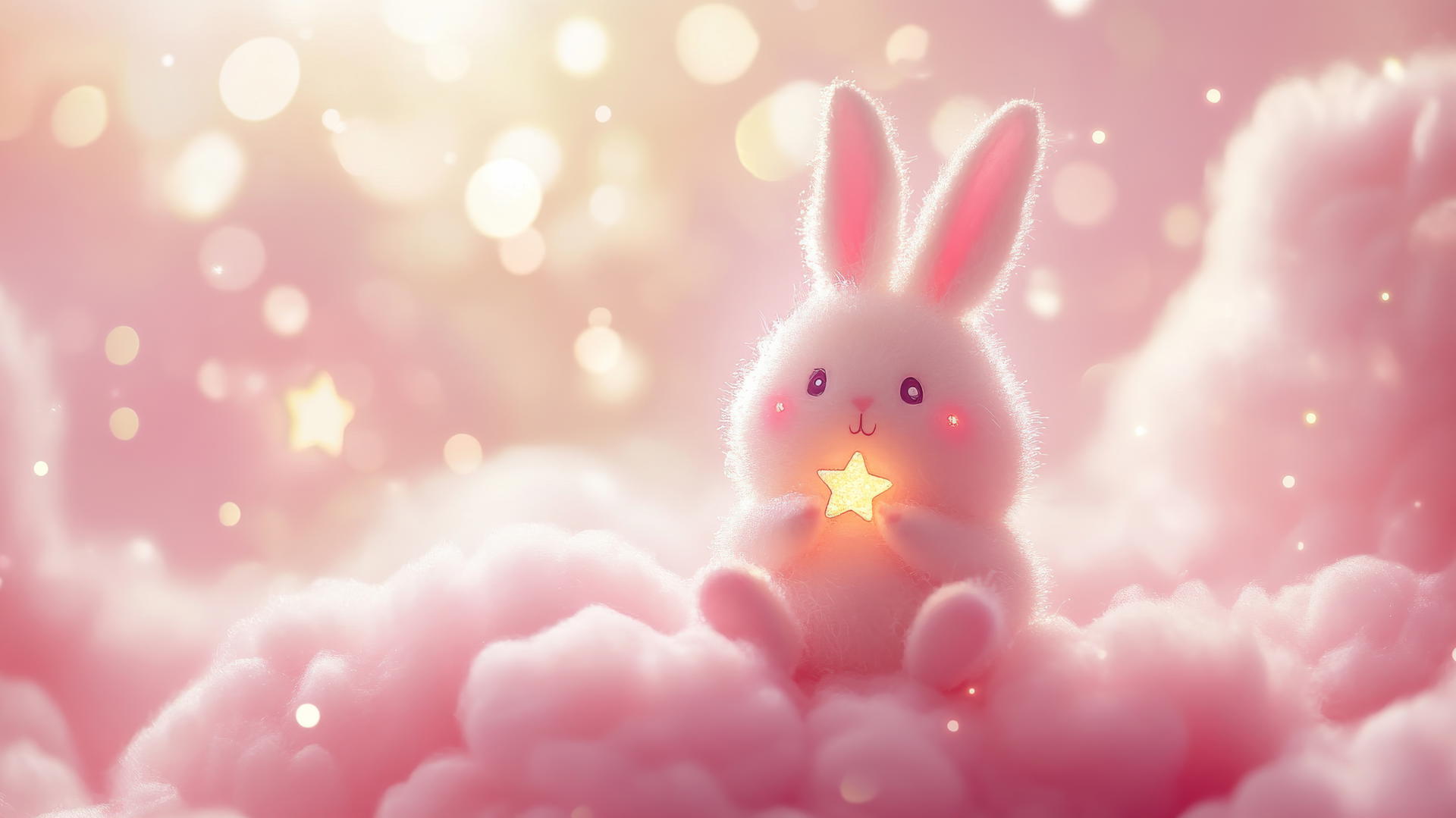 cute pink wallpaper with a kawaii bunny holding a star on a fluffy cloud