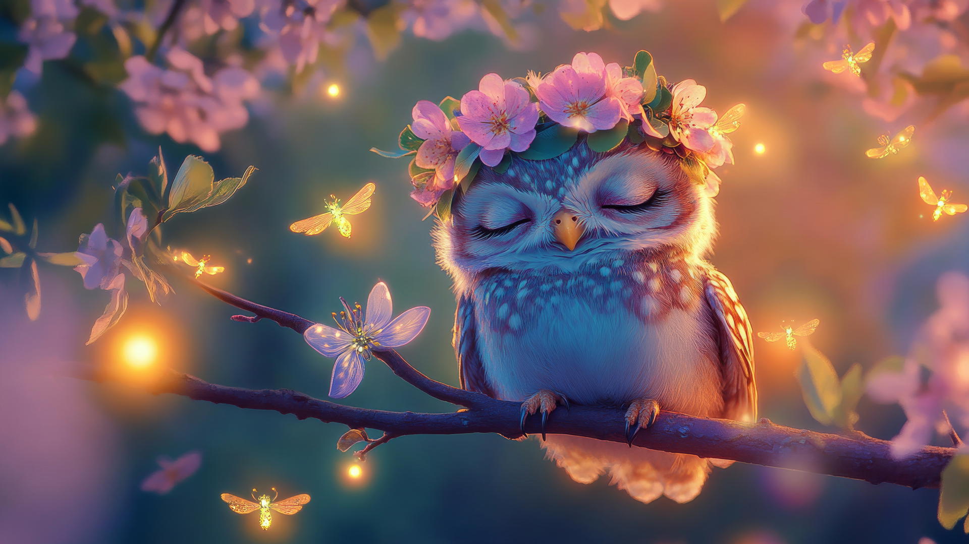 cute spring wallpaper with a smiling baby owl wearing a tiny hat made of flowers perched on a pastel branch with glowing fireflies