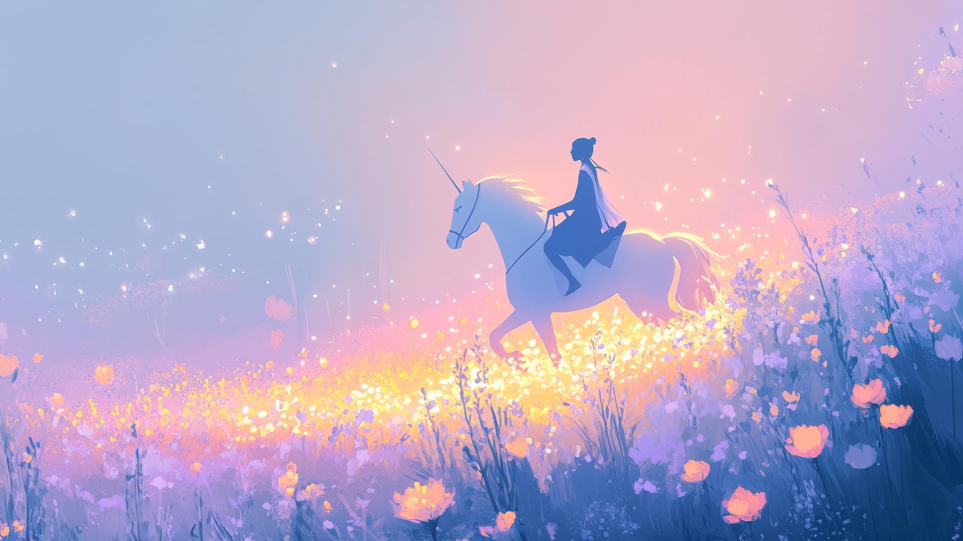 Girl riding a glowing unicorn through a field of flat flowers against a pastel gradient