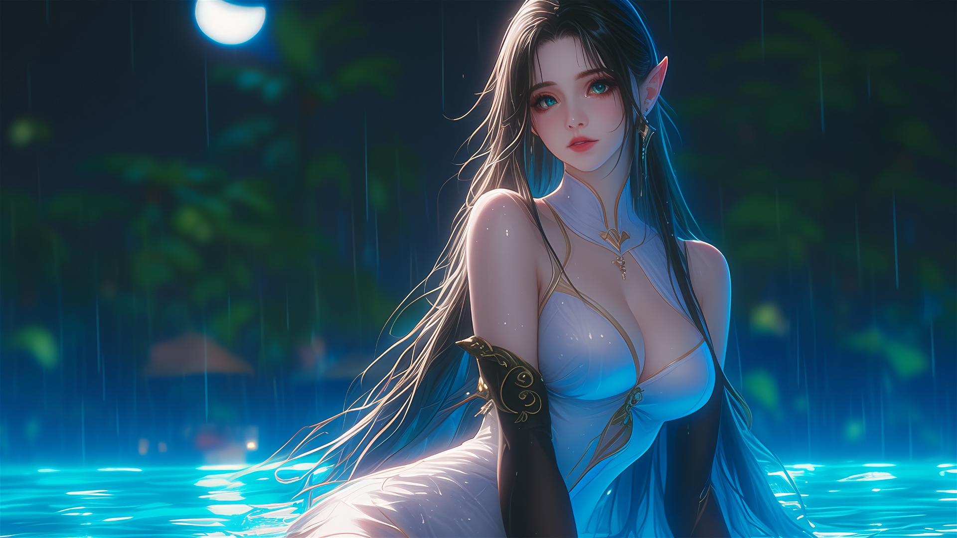 Fantasy Elf girl resting by pool in moonlight, white dress, rainy ambiance
