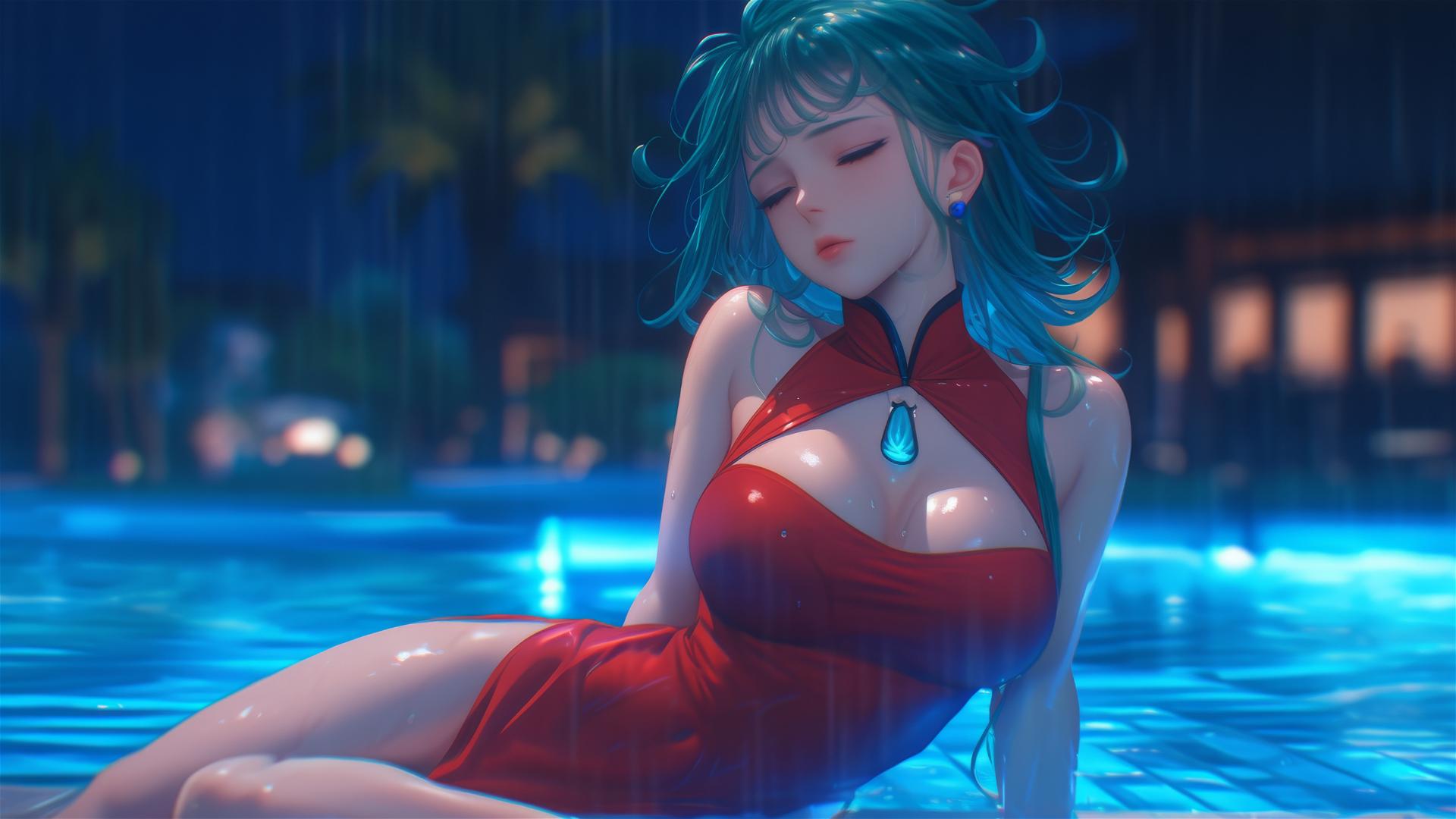 Tatsumaki from One-Punch Man resting by pool under moonlight with rain, wearing a red dress