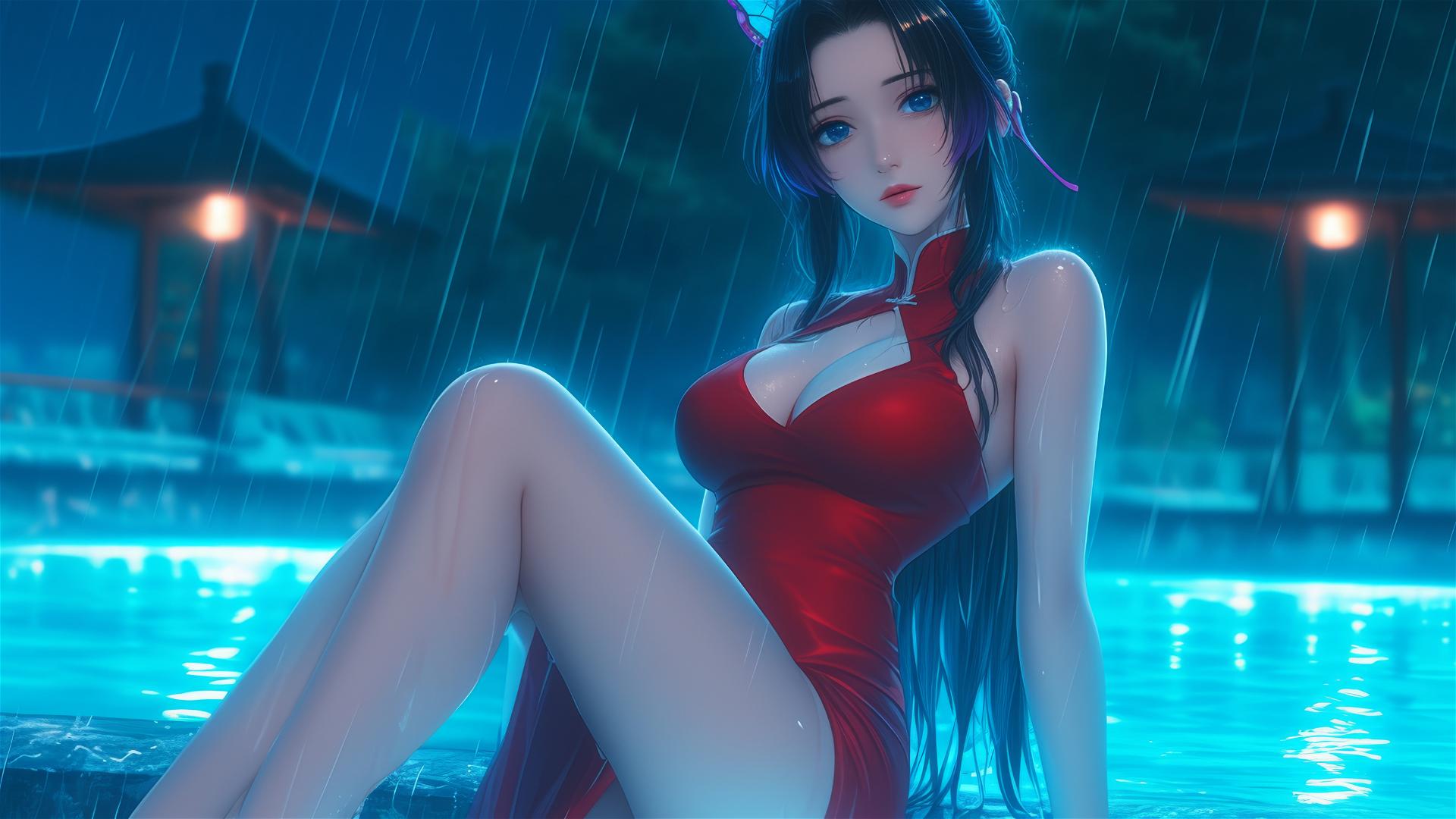 Shinobu Kocho by pool in moonlight with rain