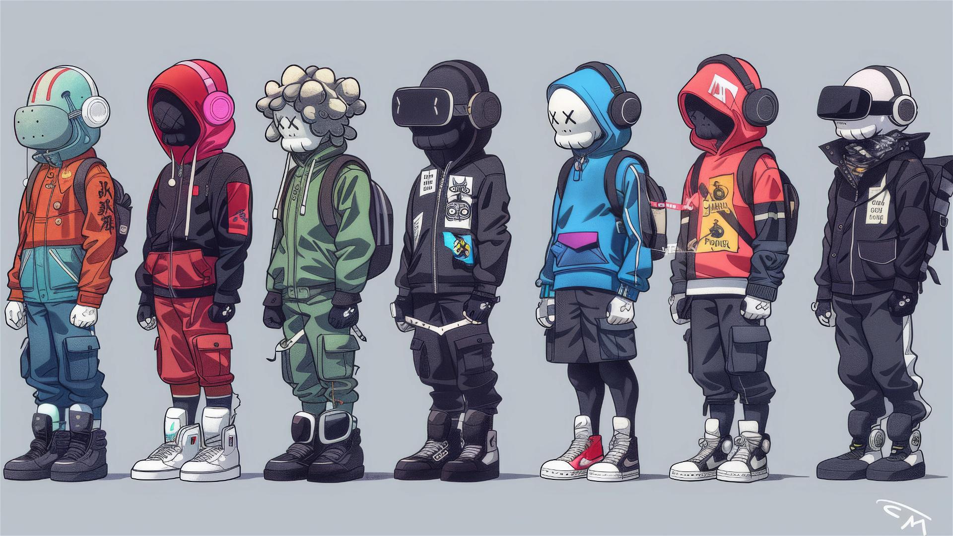 Kaws character in Supreme outfit in various poses and angles, infographics style