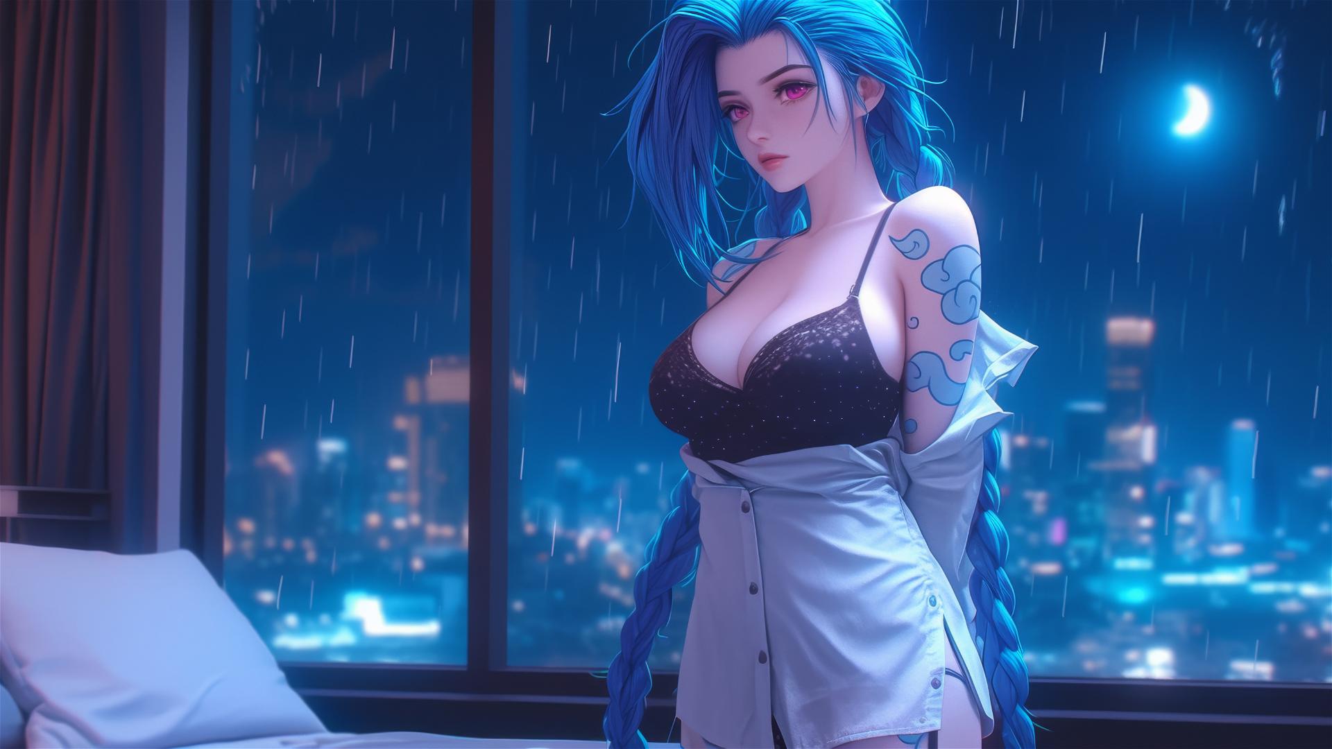 Jinx from League of Legends standing in moonlit apartment with blue hair
