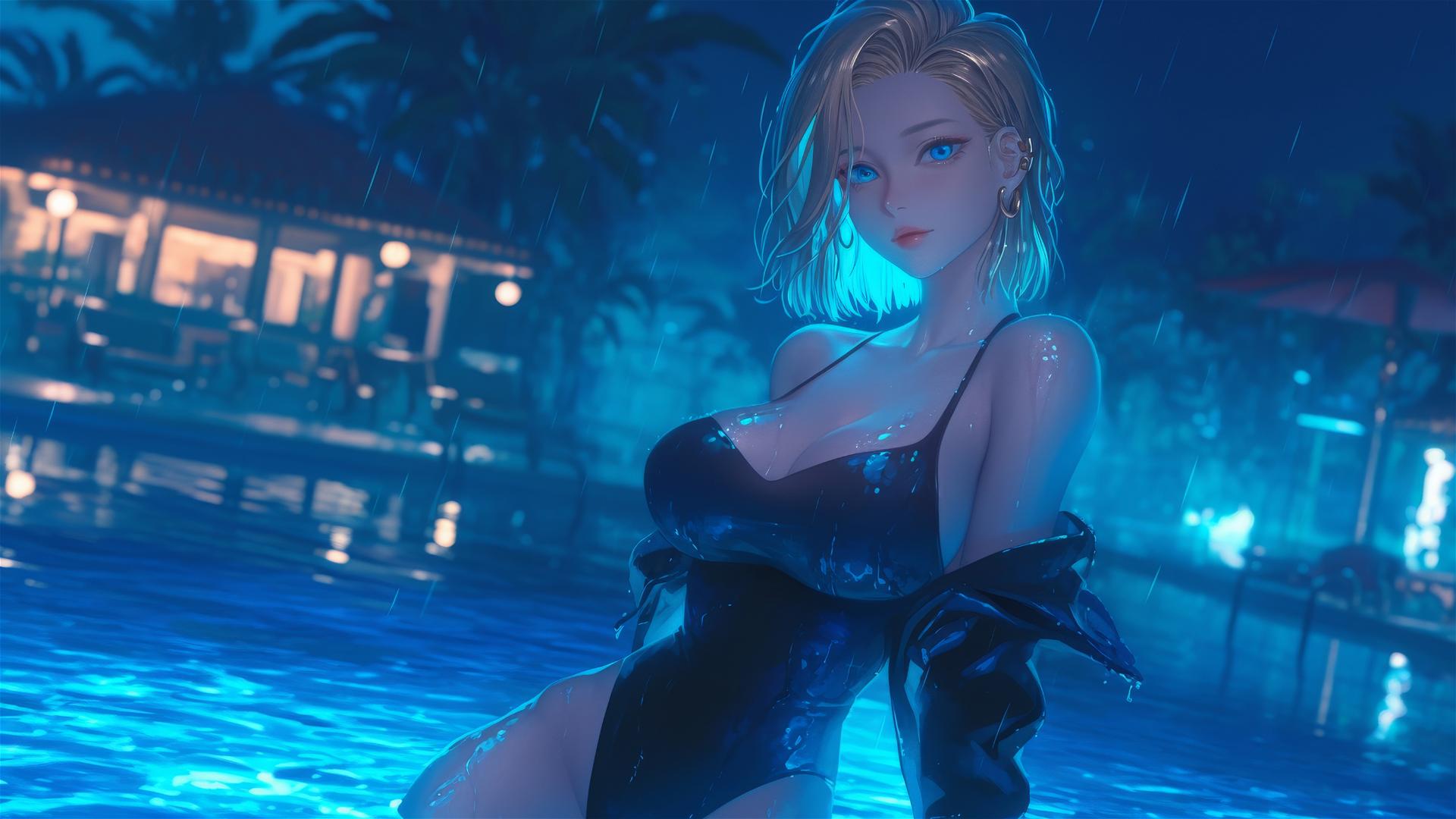 Android 18 relaxing by rainy pool under moonlight