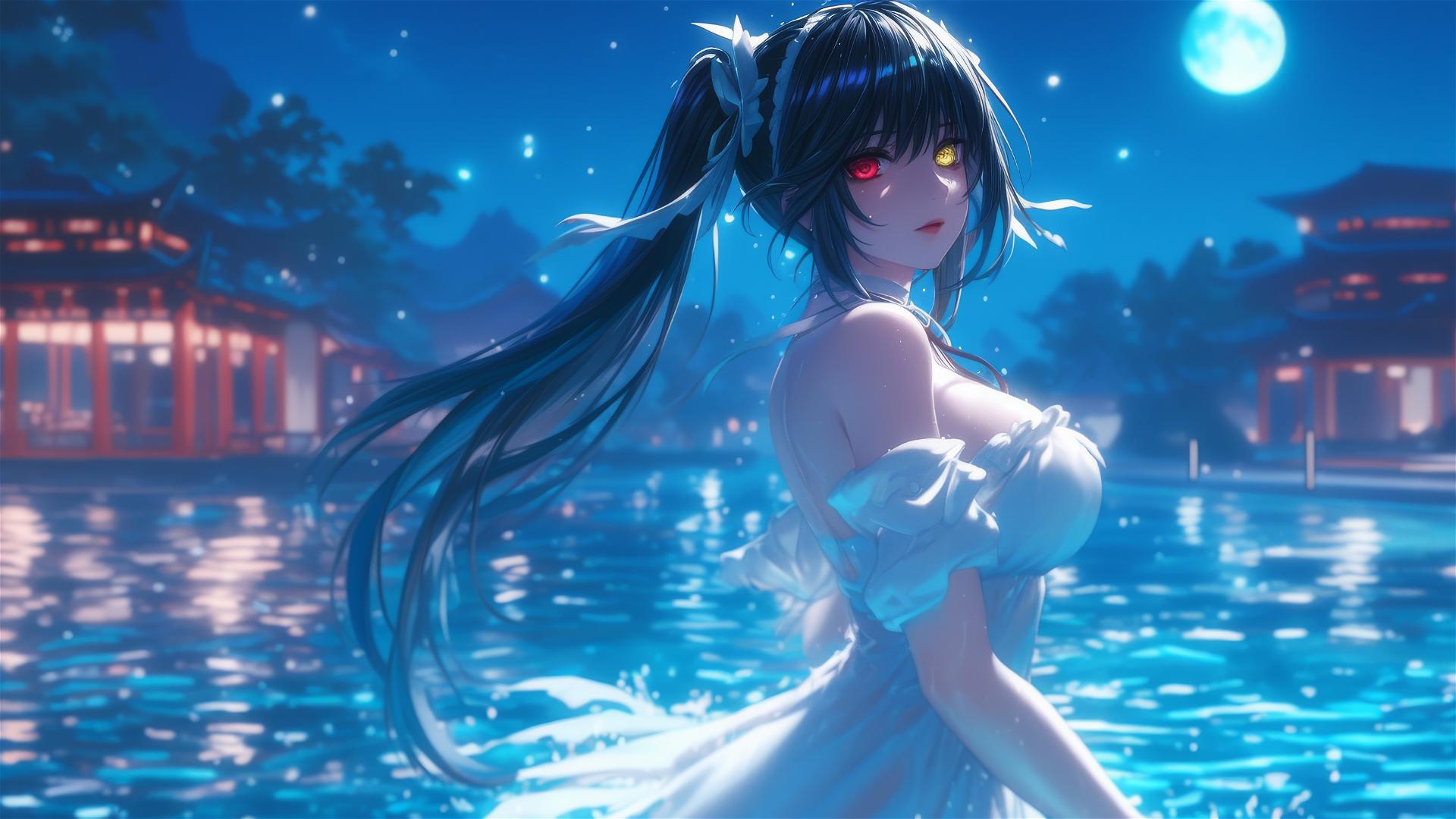 Kurumi Tokisaki stands in a rainy swimming pool at night, moonlight glow.