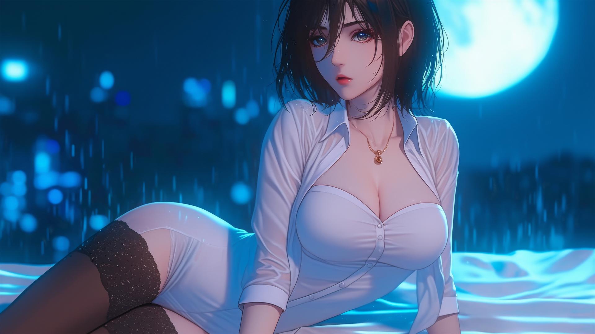 Mikasa Ackerman resting in a modern hotel room with moonlight glow