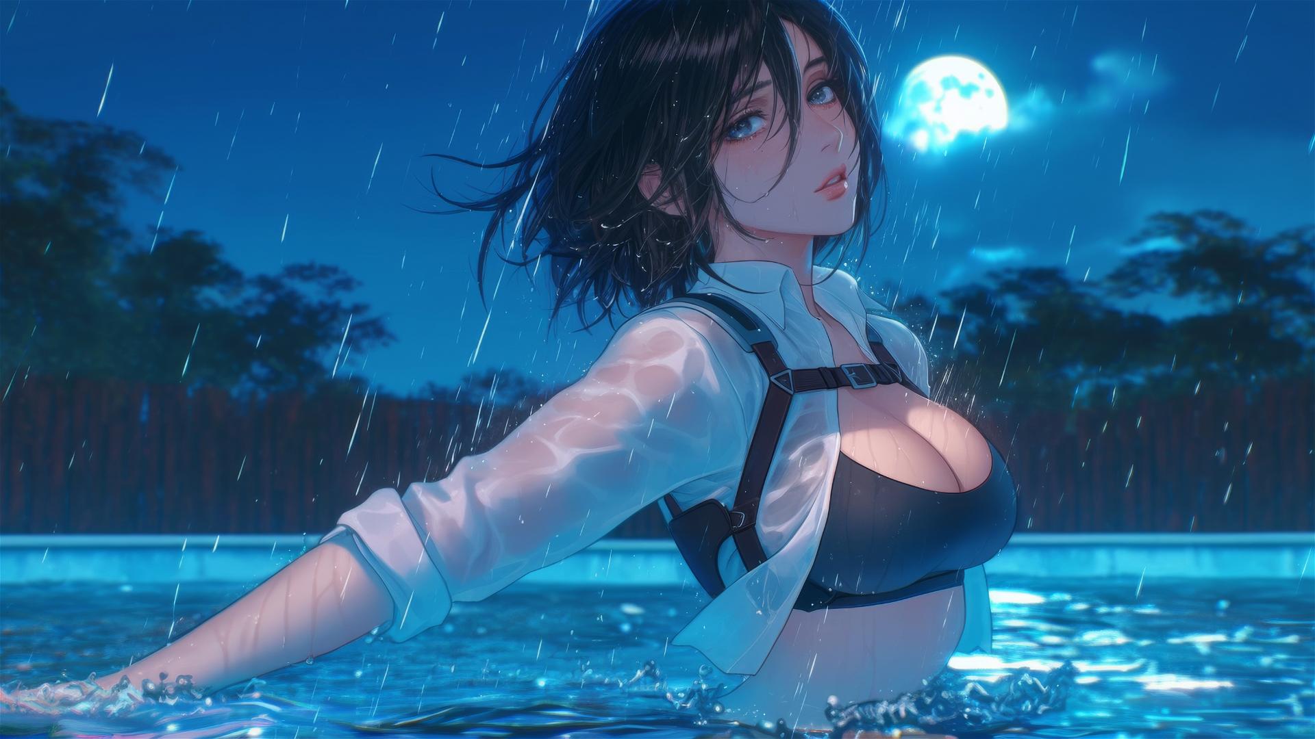Mikasa Ackerman jumping from a rainy pool under moonlight