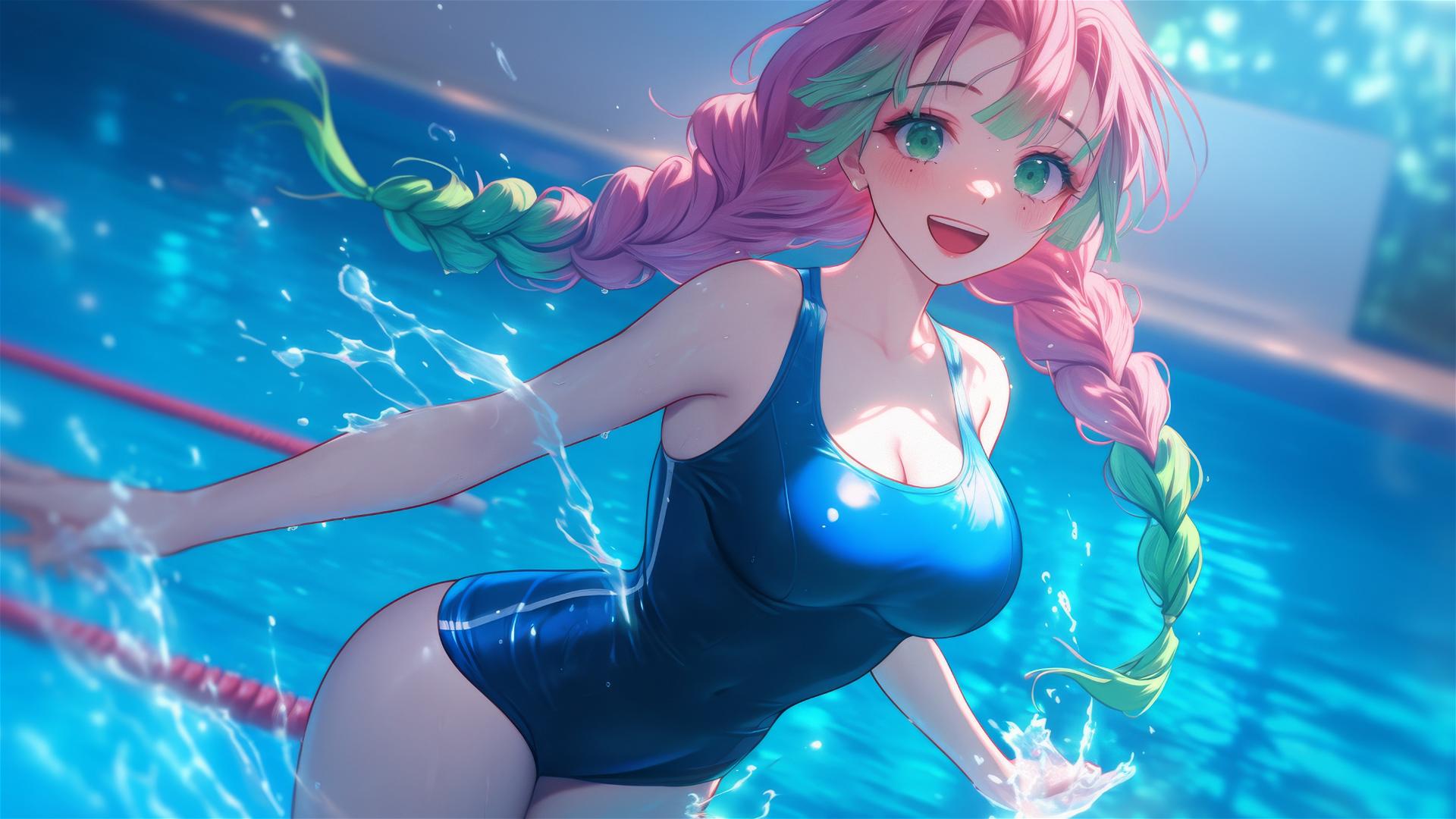 Mitsuri Kanroji jumping from pool with moonlit pink to green hair