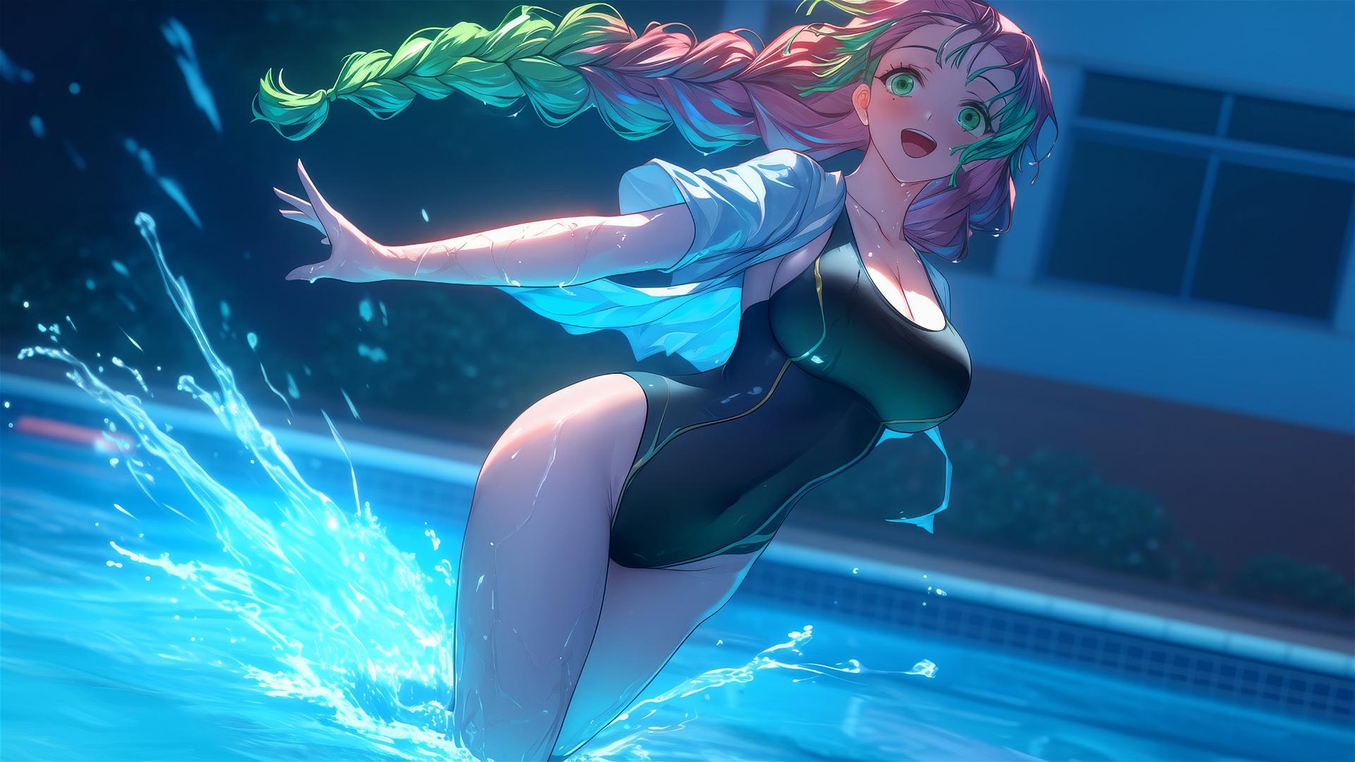 Mitsuri Kanroji from Demon Slayer jumping out of a swimming pool under moonlight