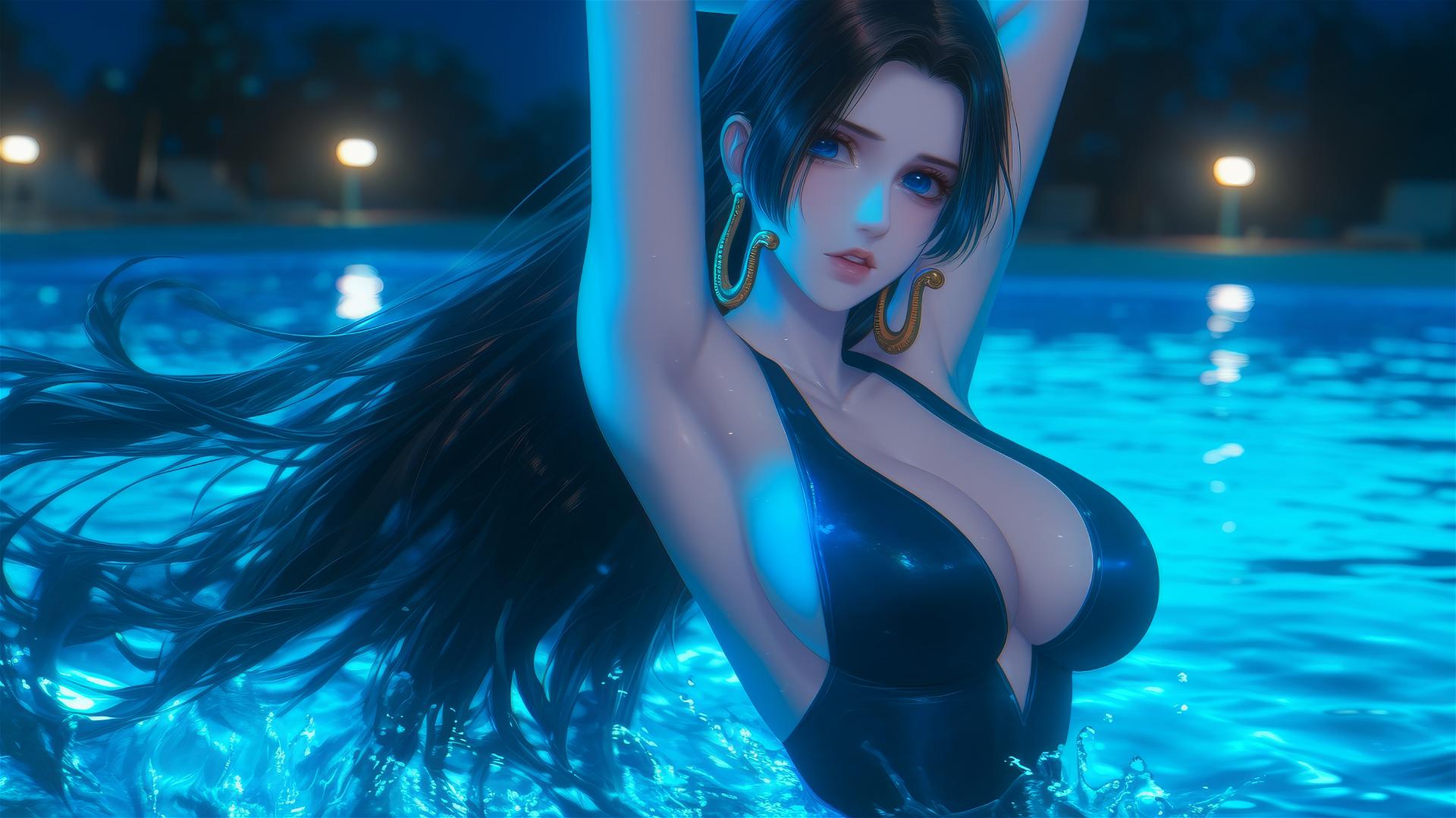 Boa Hancock from One Piece jumping out of a swimming pool under moonlight