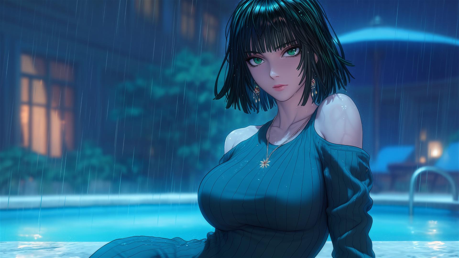 Fubuki from One Punch Man resting by a rainy swimming pool under moonlight.