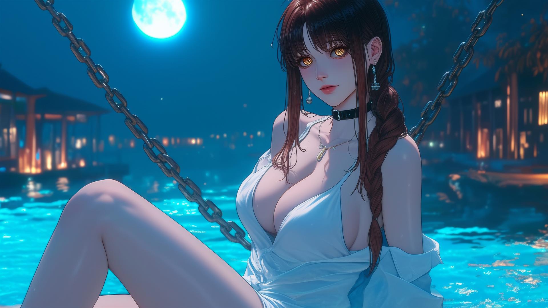 Makima from Chainsaw Man resting in a tub, locked with chains, moonlit glow