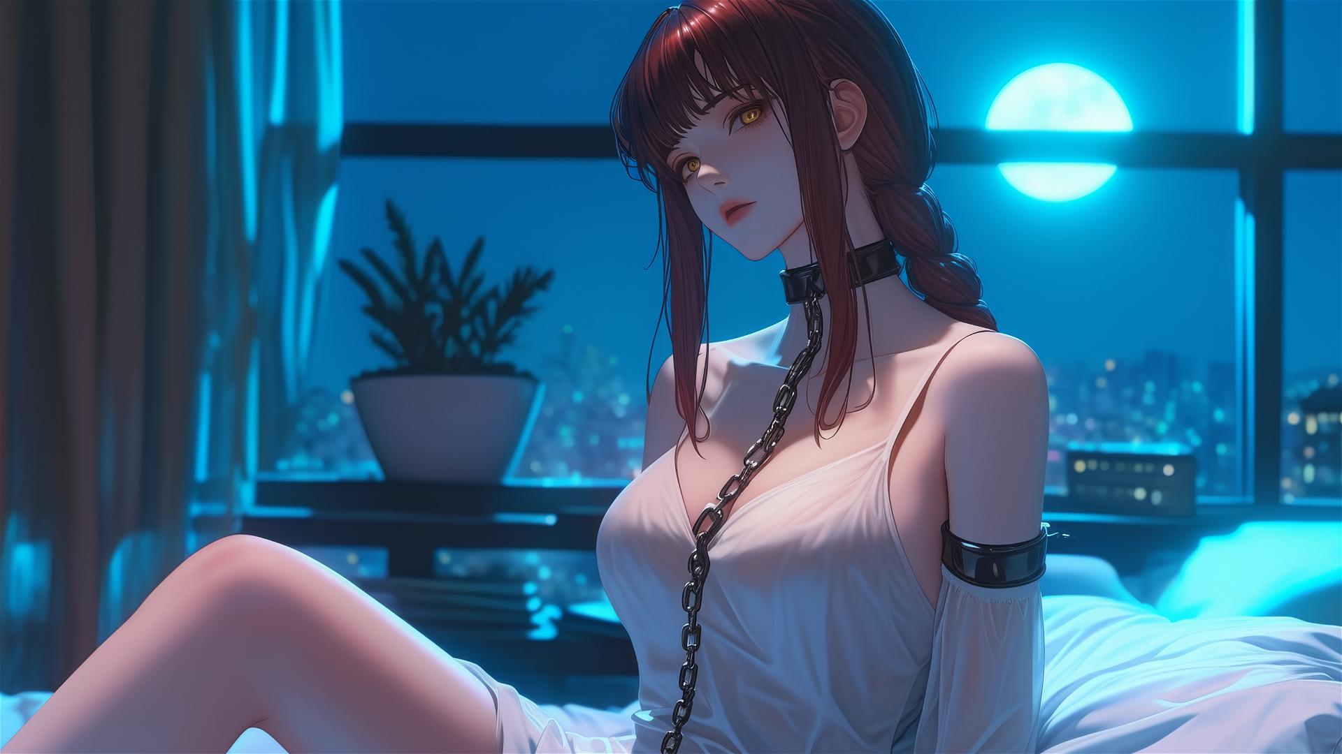 Makima from Chainsaw Man with chains on neck in a hotel room
