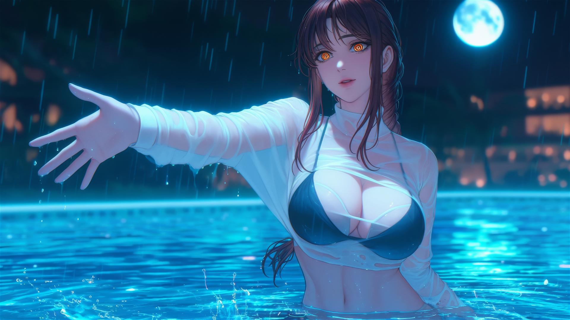 Makima from Chainsaw Man jumping out of a rainy swimming pool under moonlight