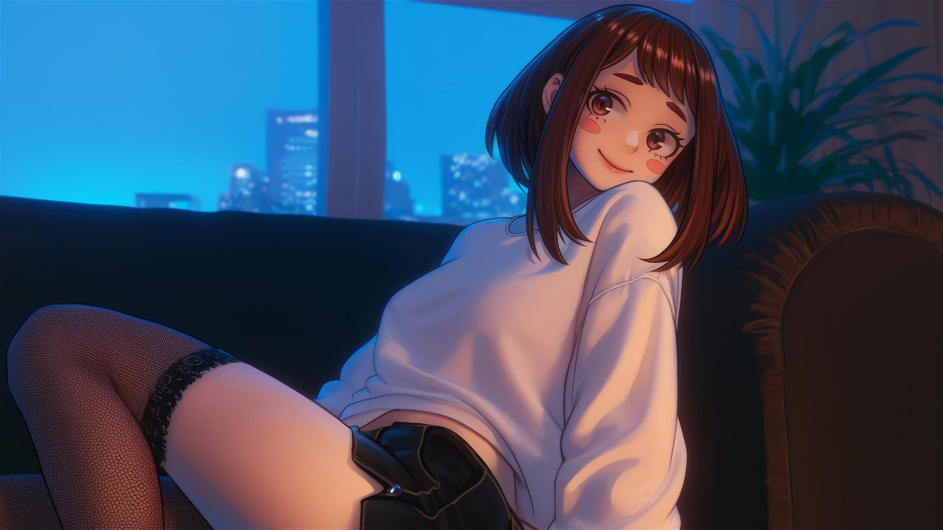 Ochaco Uraraka in a modern hotel room, neon lighting, auburn hair and eyes, pink blush.