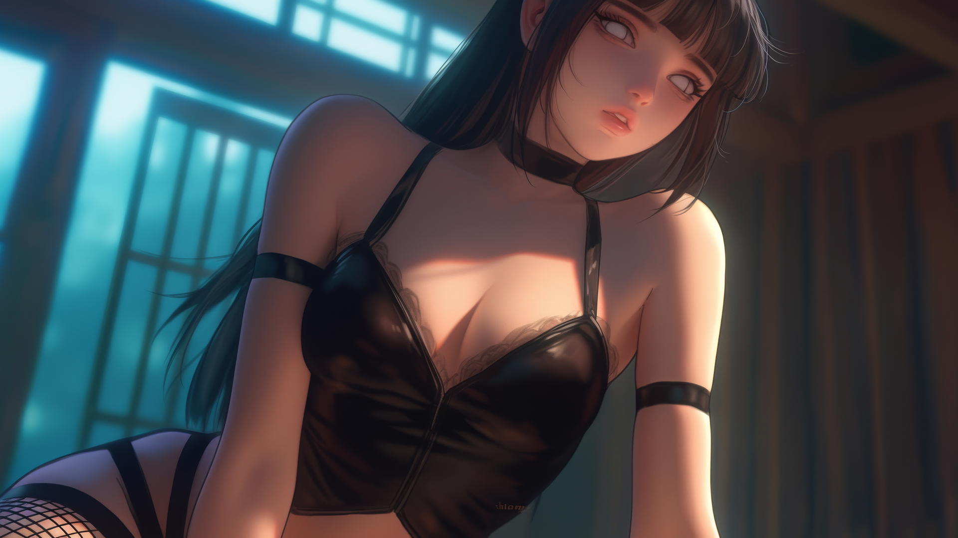 Hinata Hyuga kneeling with white eyes in warm light, seen from below.