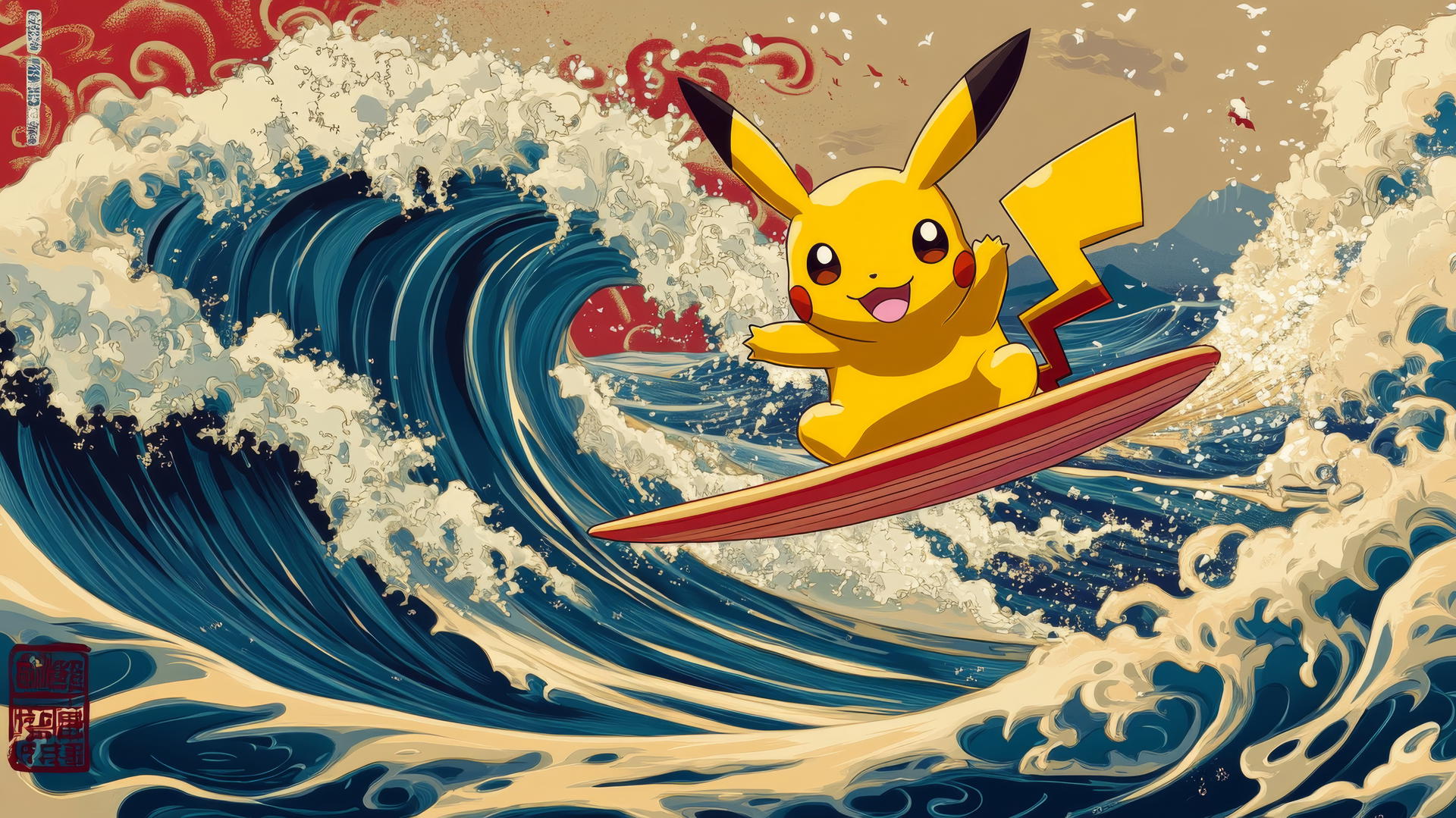 Pikachu surfing on stylized waves in Japanese ukiyo-e art style