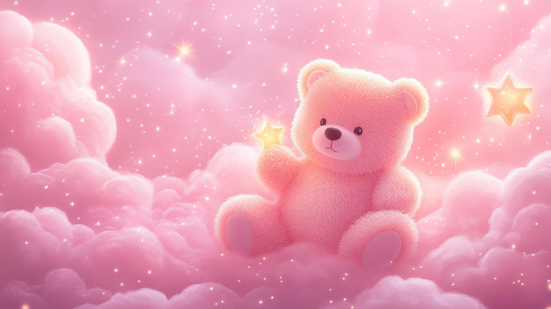 cute pink wallpaper with kawaii bear holding a star on a fluffy cloud