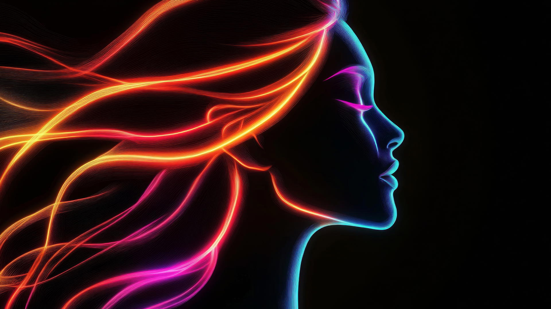 Girl's silhouette with neon outline and flowing hair on black background