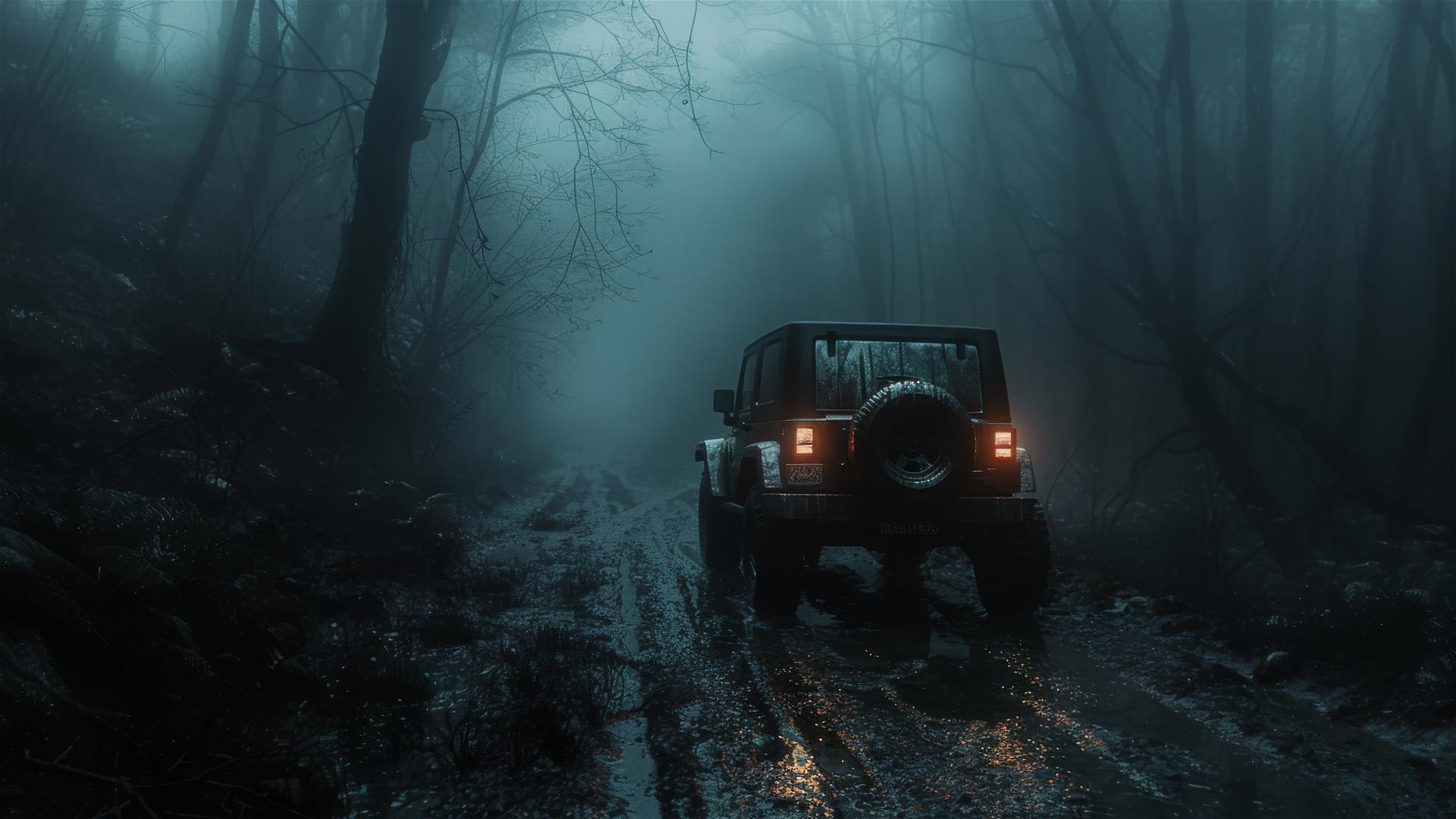 Photorealistic closeup view of a foggy Jeep Compass under dim gothic gloomy lighting in 8K resolution