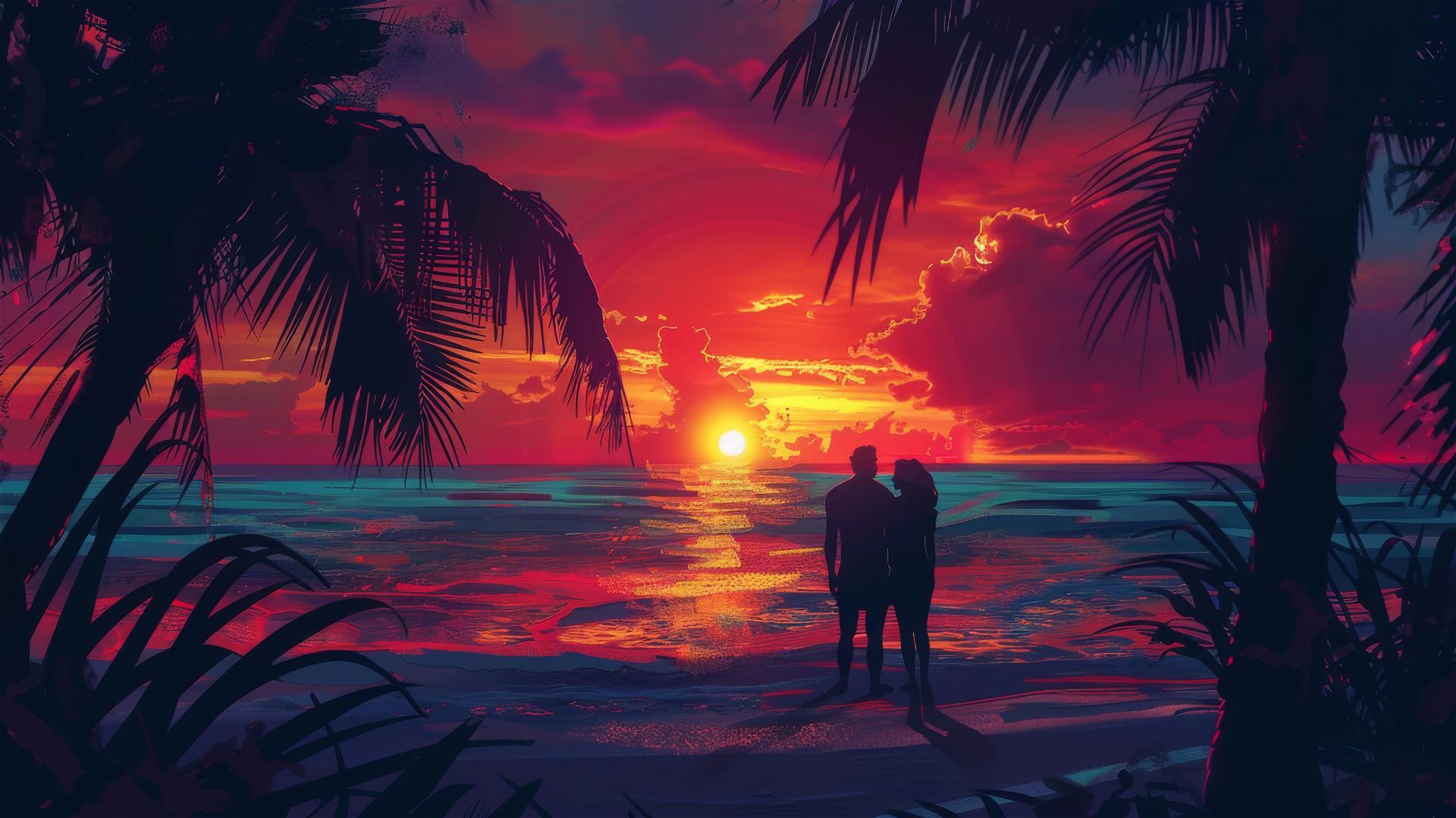 Romantic couple admiring colorful sunset on a beach with palm trees