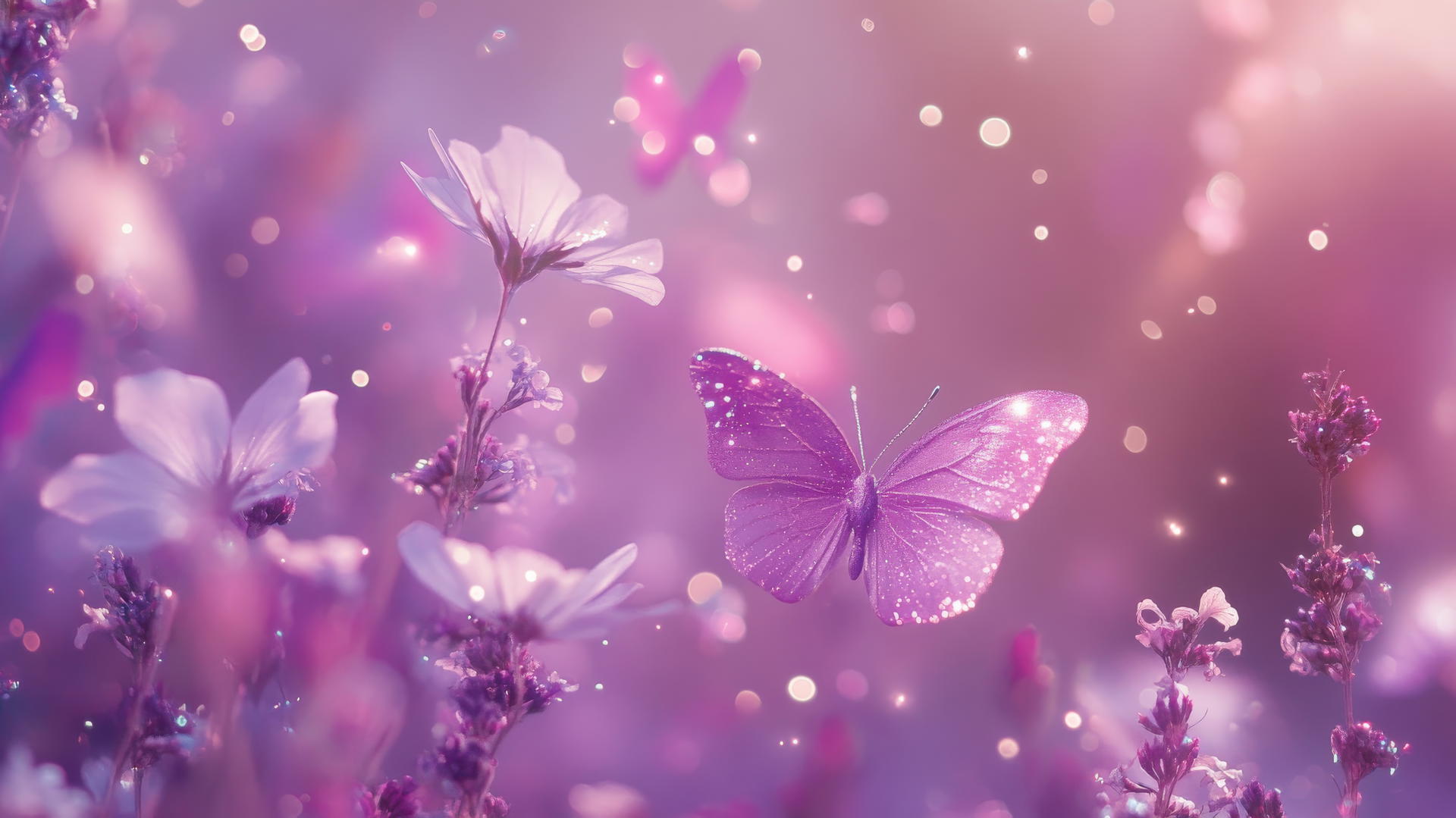 purple aesthetic wallpaper 4k with floating flowers, butterflies, and delicate sparkles