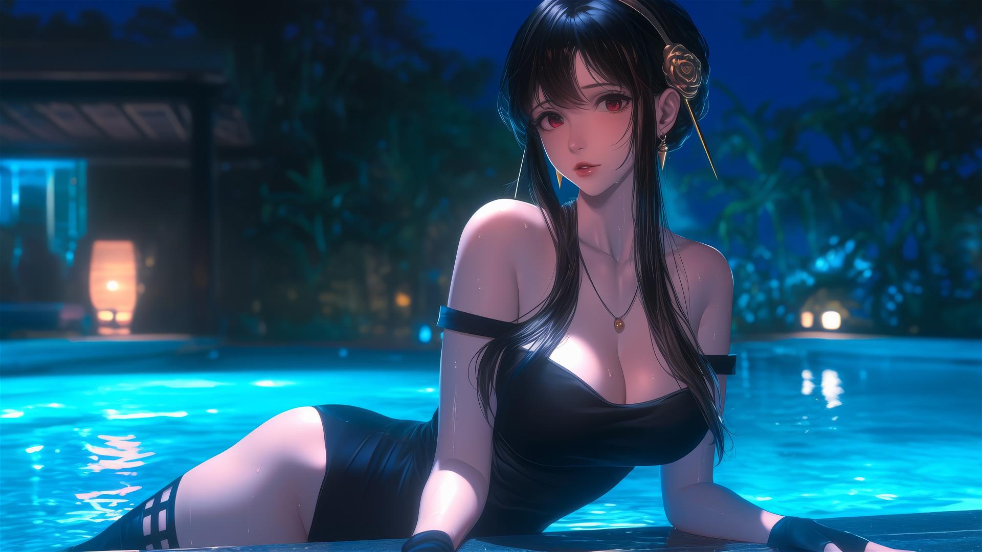 Yor Forger in bunny girl outfit resting by a pool under moonlight