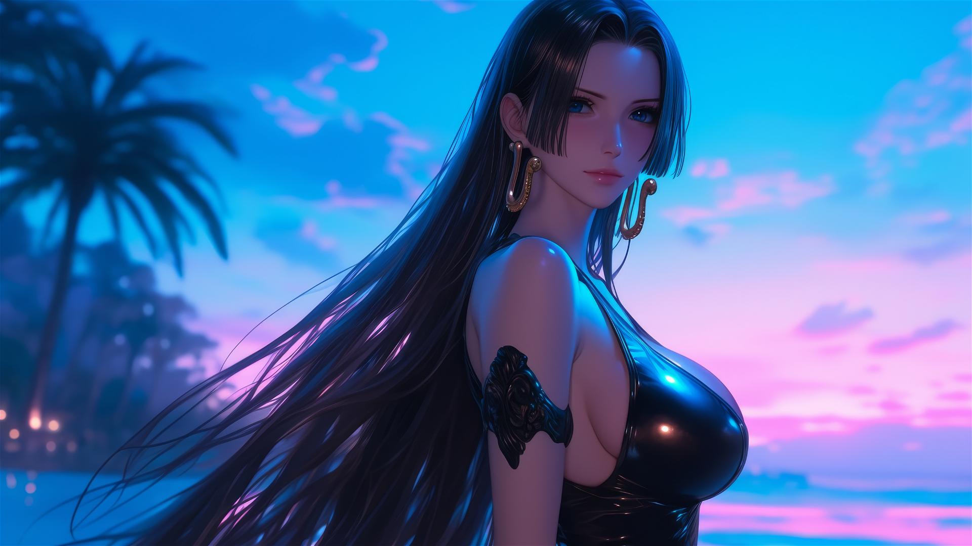 Boa Hancock from One Piece walking on a beach at sunset in black and pink leather outfit.