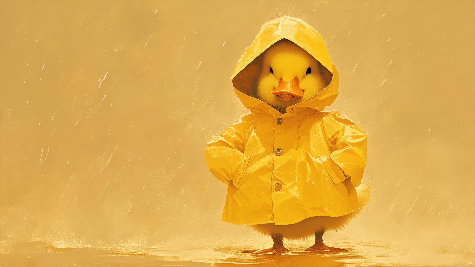 Photorealistic baby duck in a yellow raincoat, film style