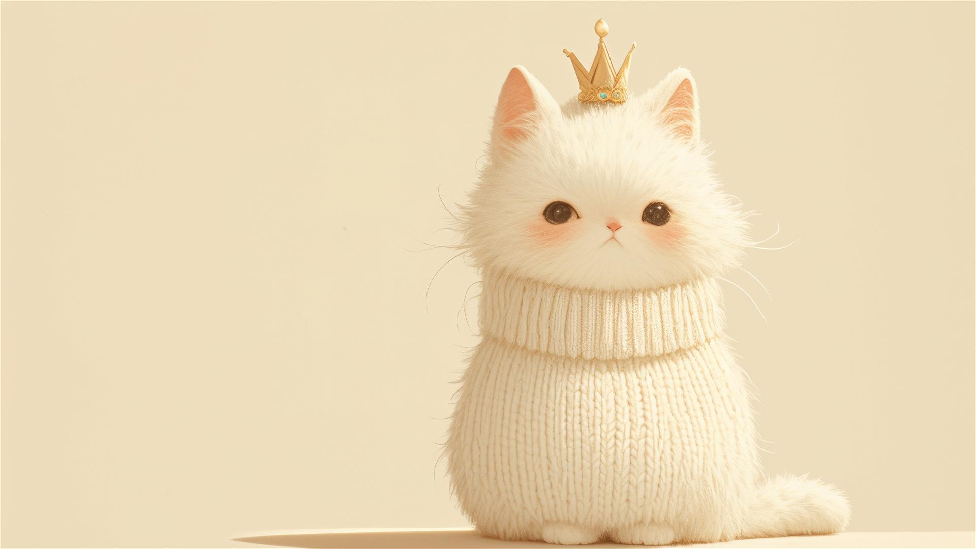 White knitted cat with crown on white background
