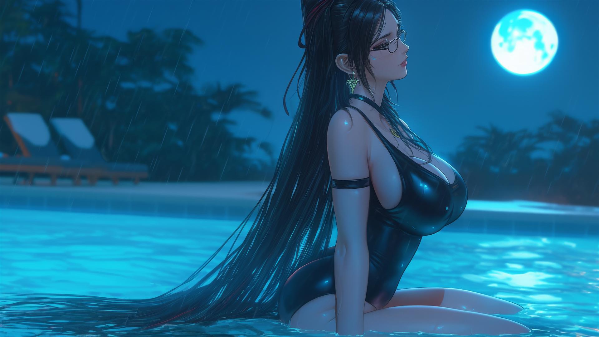 Bayonetta resting at a rainy swimming pool with moonlight glow
