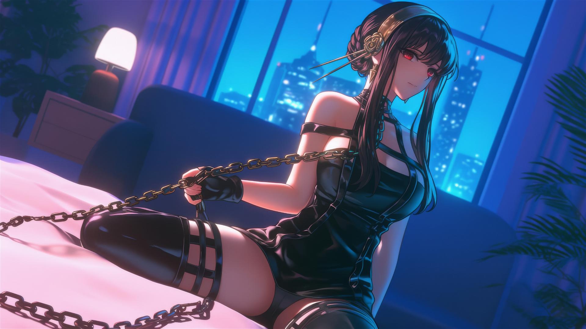 Yor Forger chained in a hotel room under neon glow