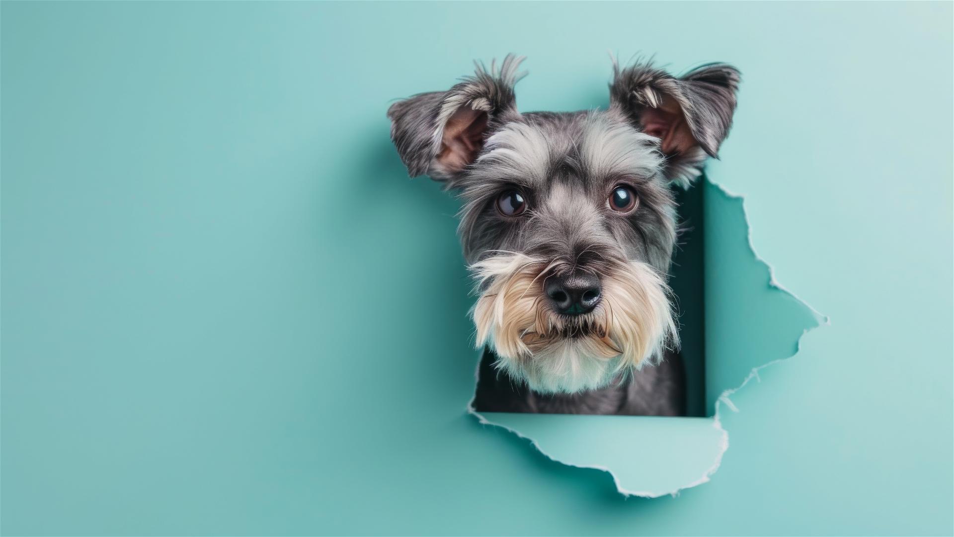 Colorful Schnauzer peeking through sky blue paper