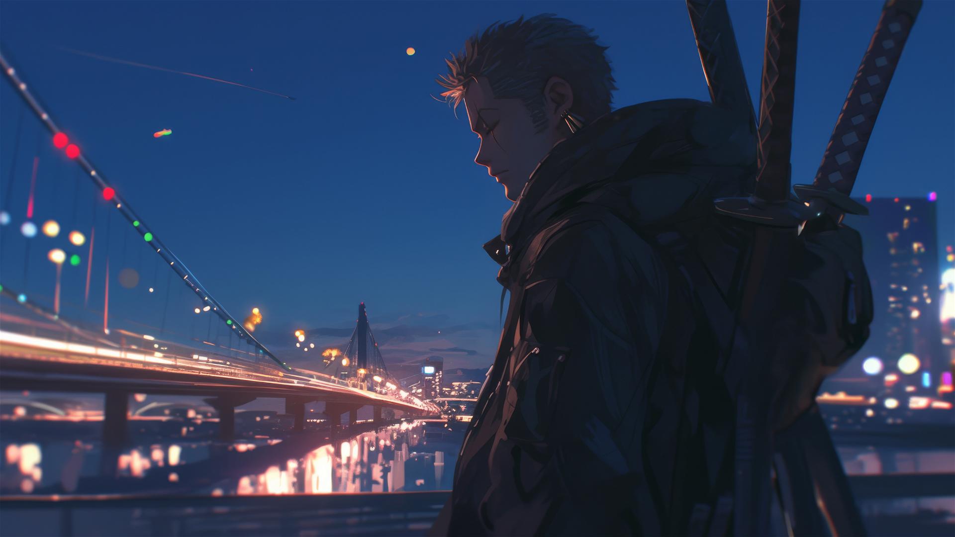 Roronoa Zoro on a deserted bridge in the evening with distant city lights